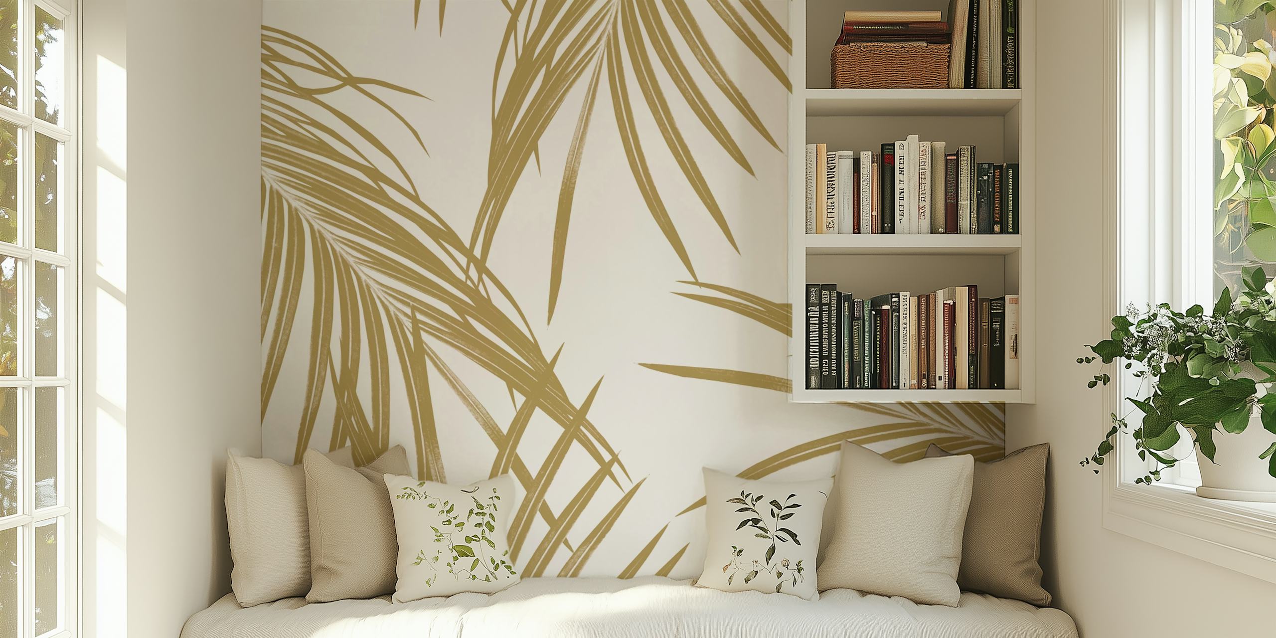 Gold palm leaves pattern on a white background wallpaper