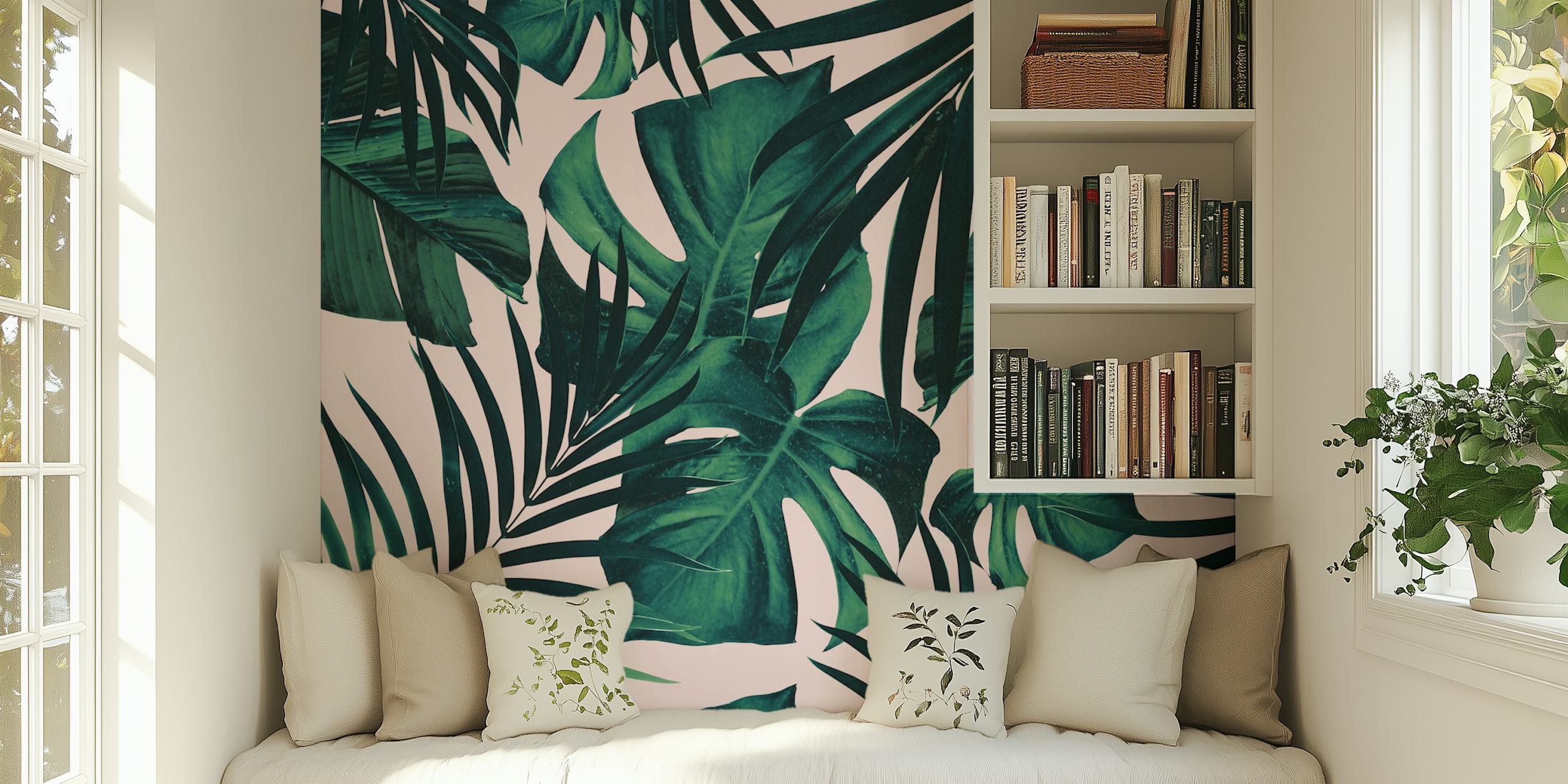 Tropical leaves in green hues on soft pink background wallpaper