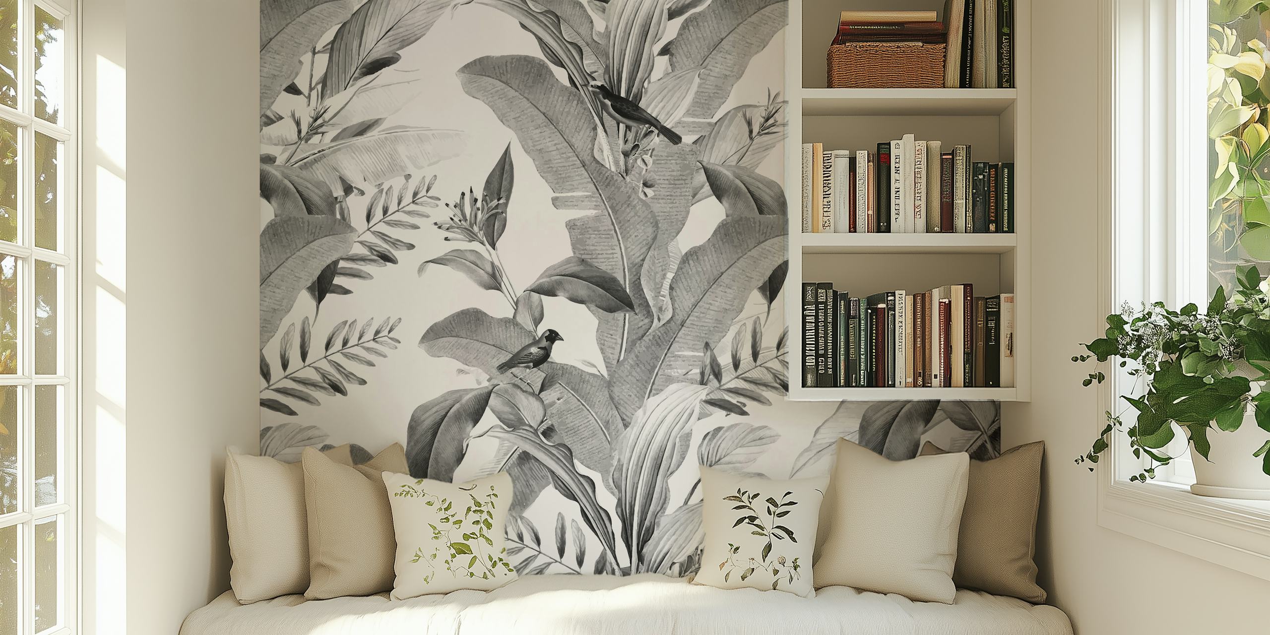 Monochrome leaf and bird wall mural