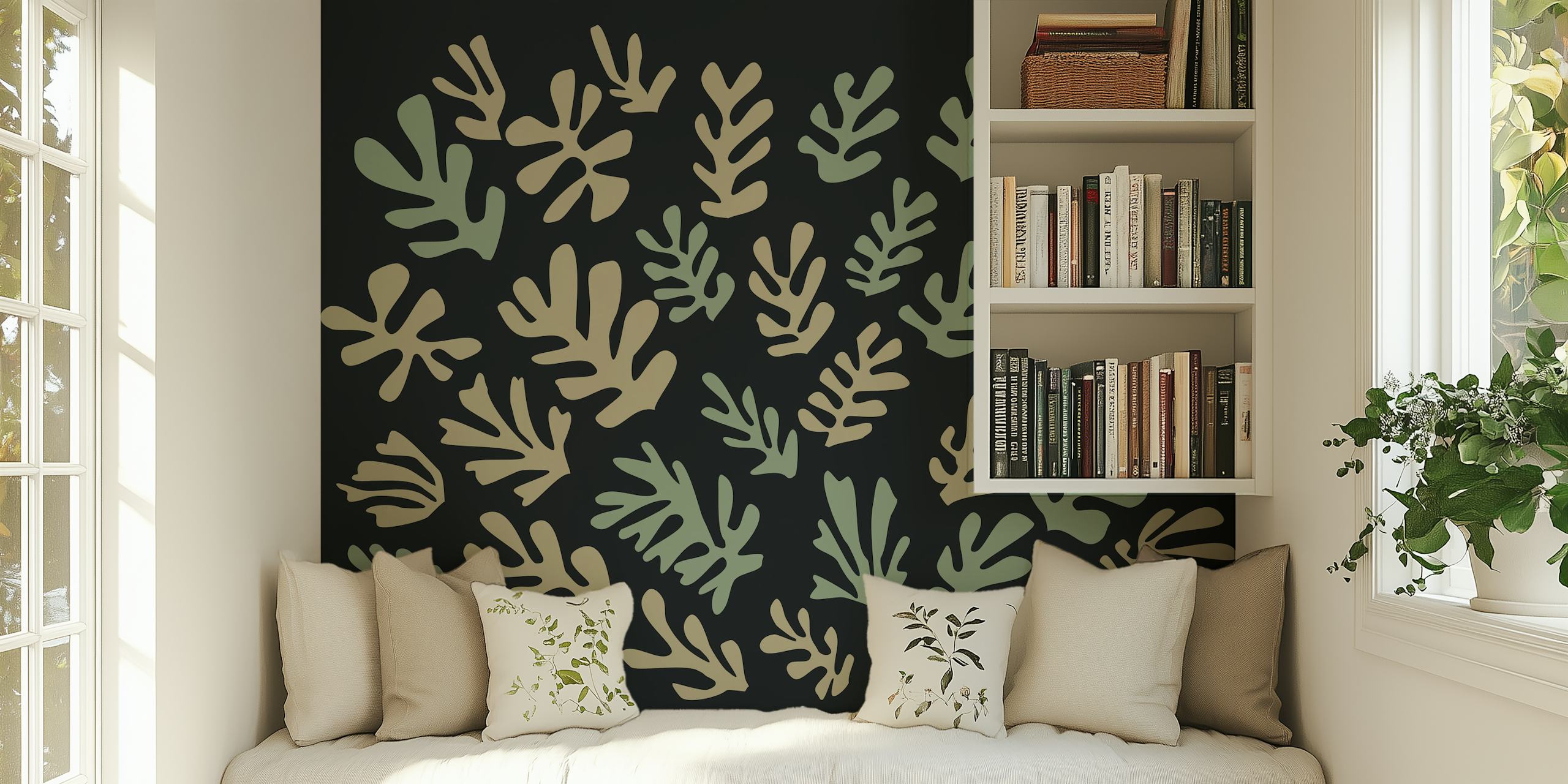 Abstract green leaves pattern wall mural in Matisse-inspired style