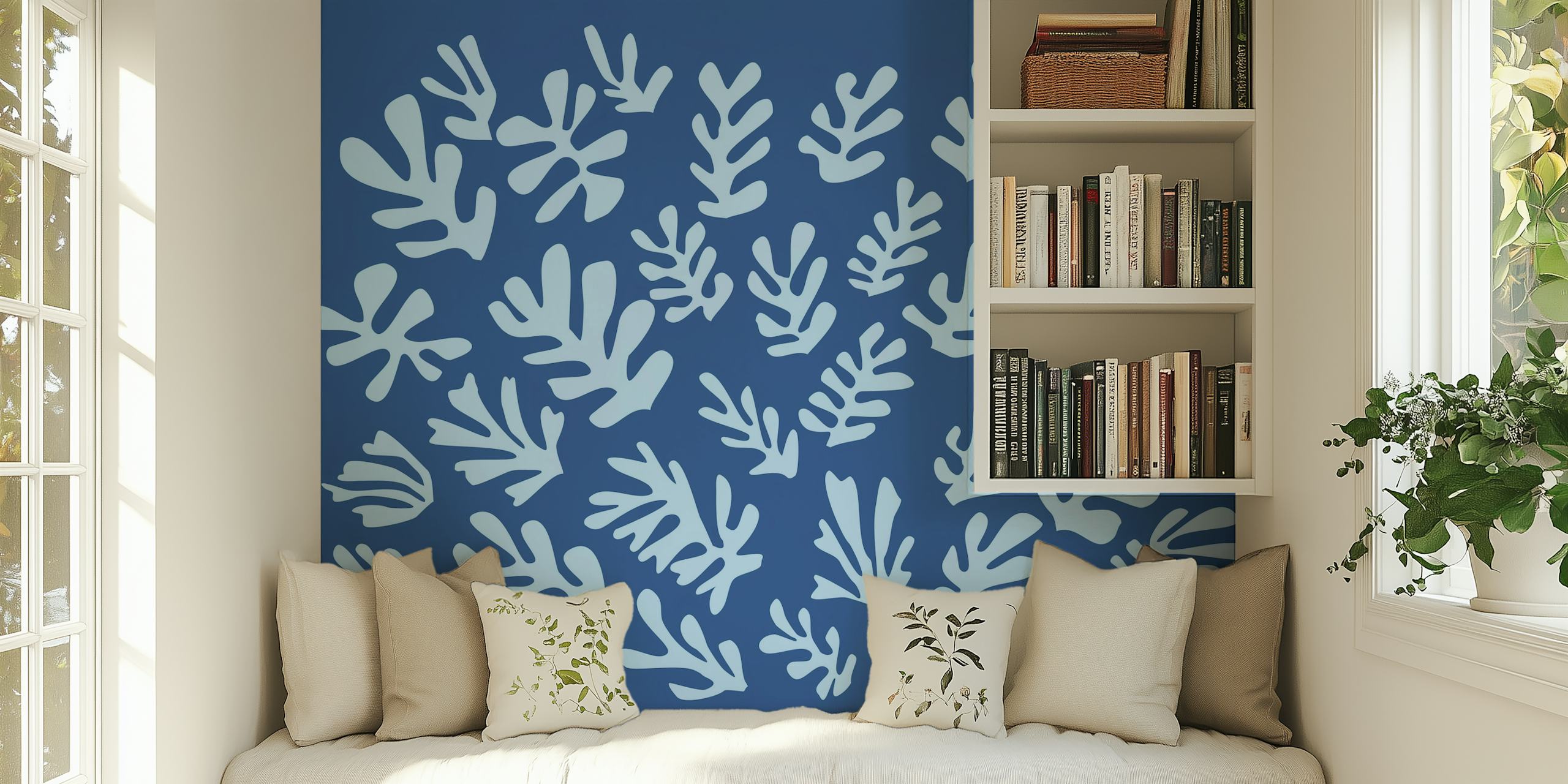 Aqua blue leaves against a dark blue background wallpaper
