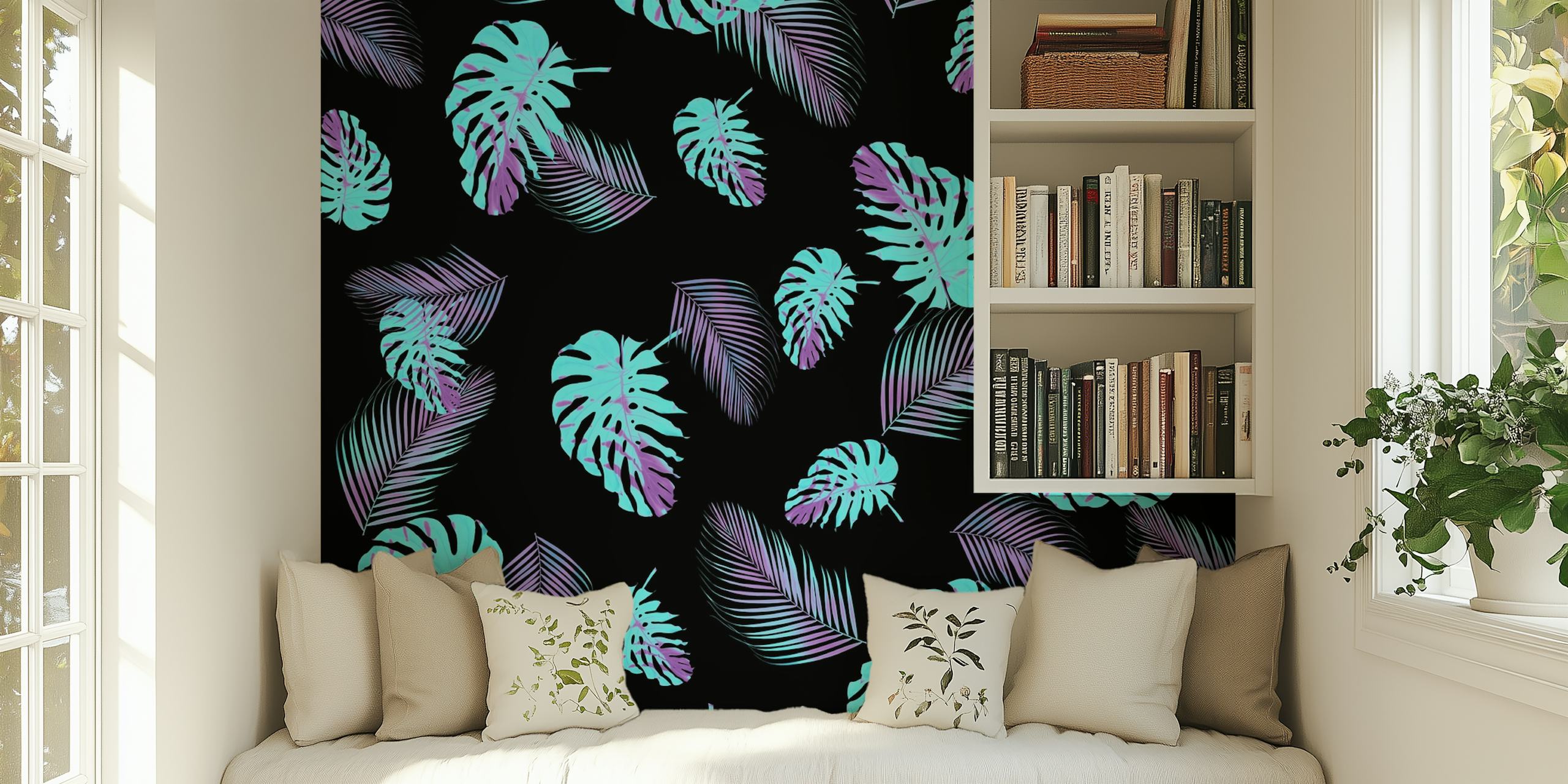 Papier peint mural sticker de feuilles de monstera turquoise sur fond noir