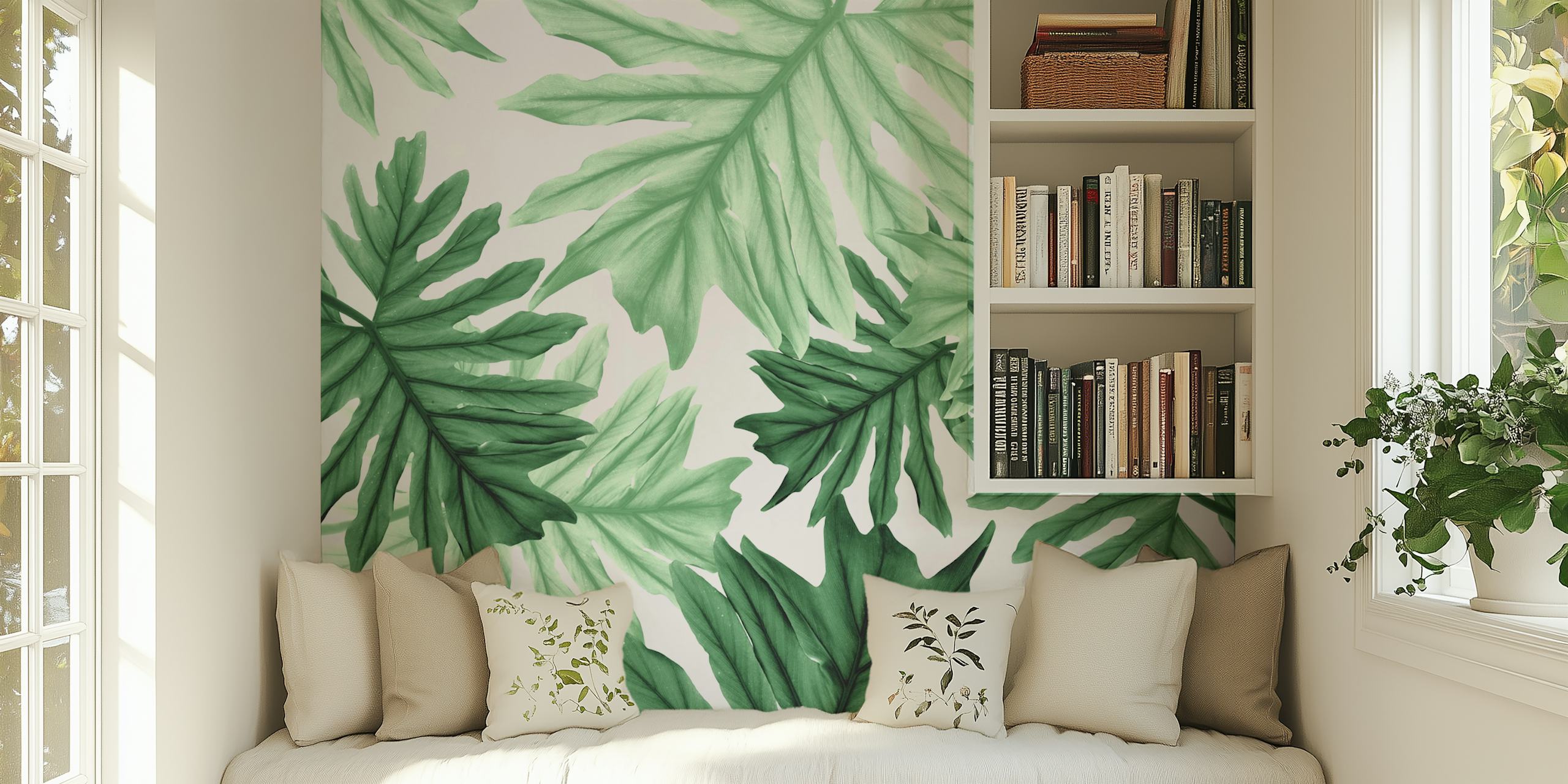 Tropical green leaf wallpaper with various large leaves