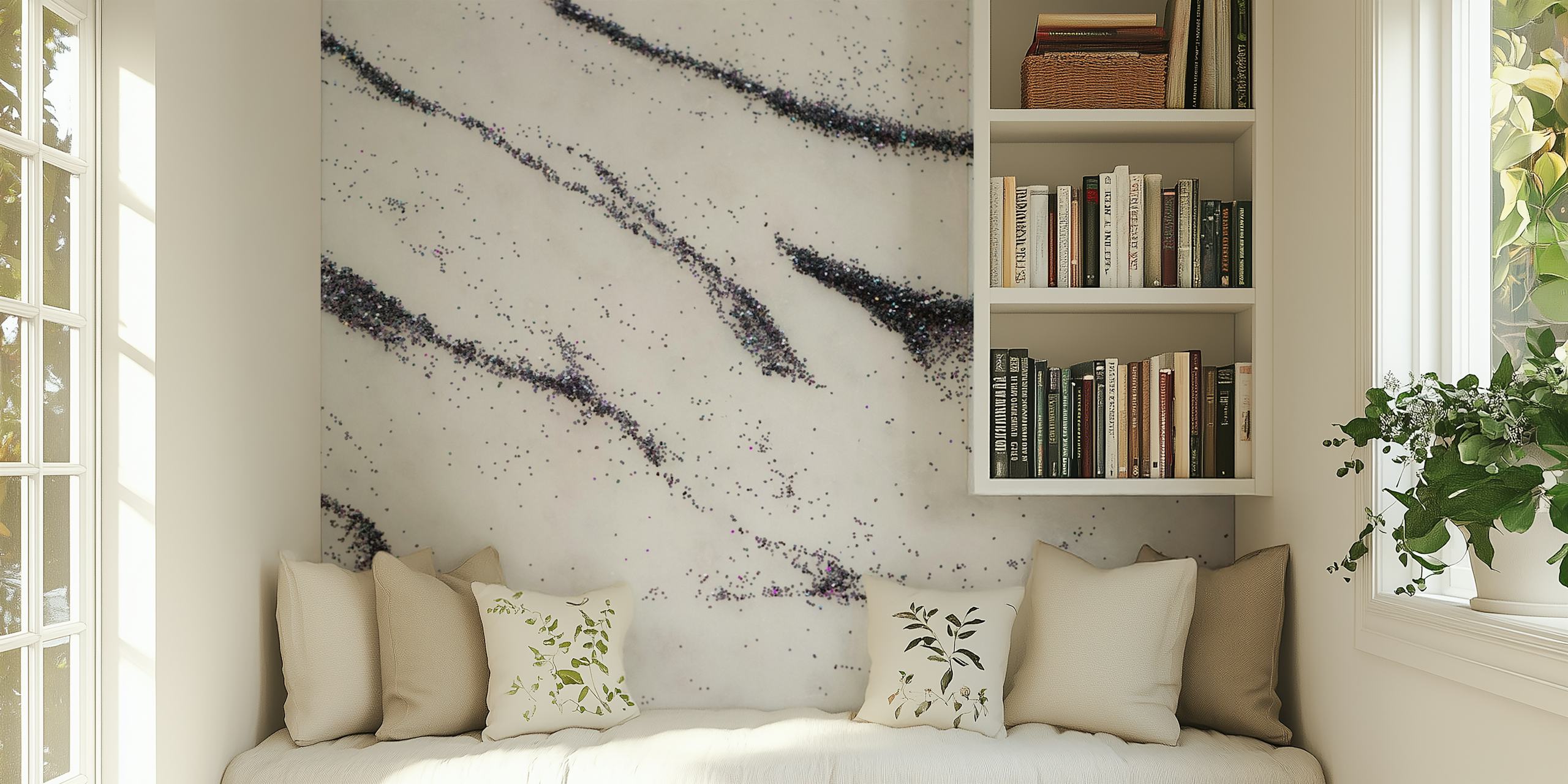 Black and white marble wallpaper with glitter accents