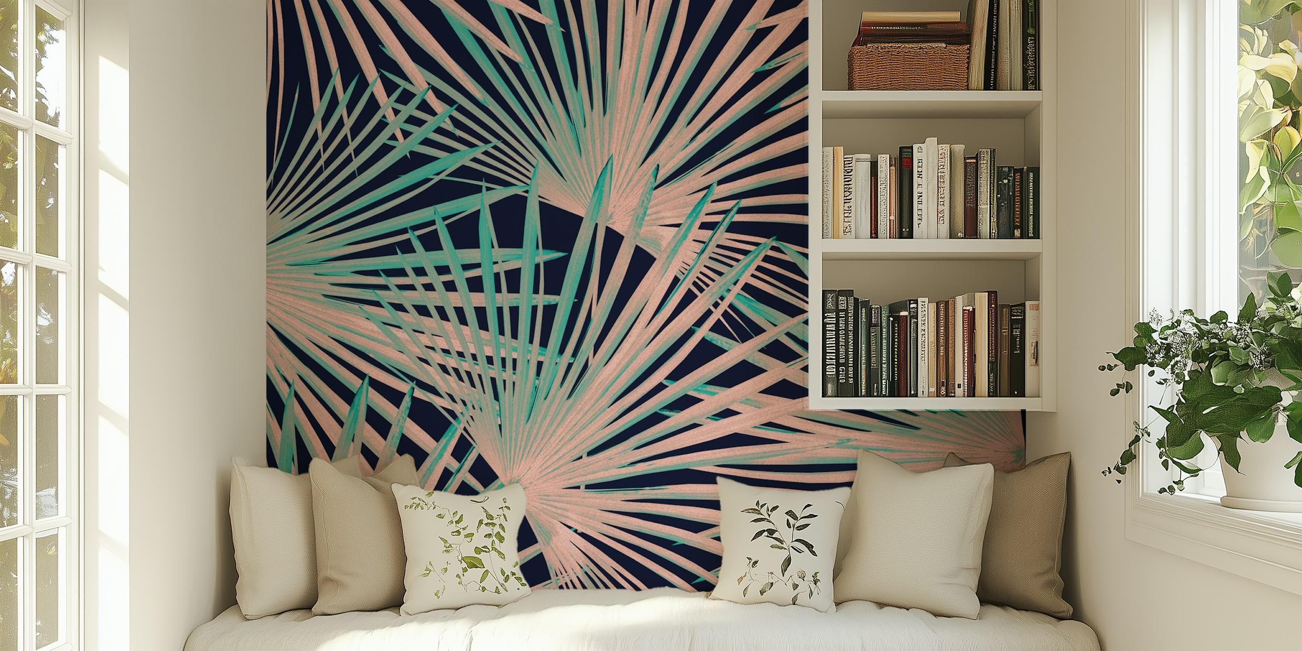 Tropical fan palm leaves in green and pink on a dark background wallpaper
