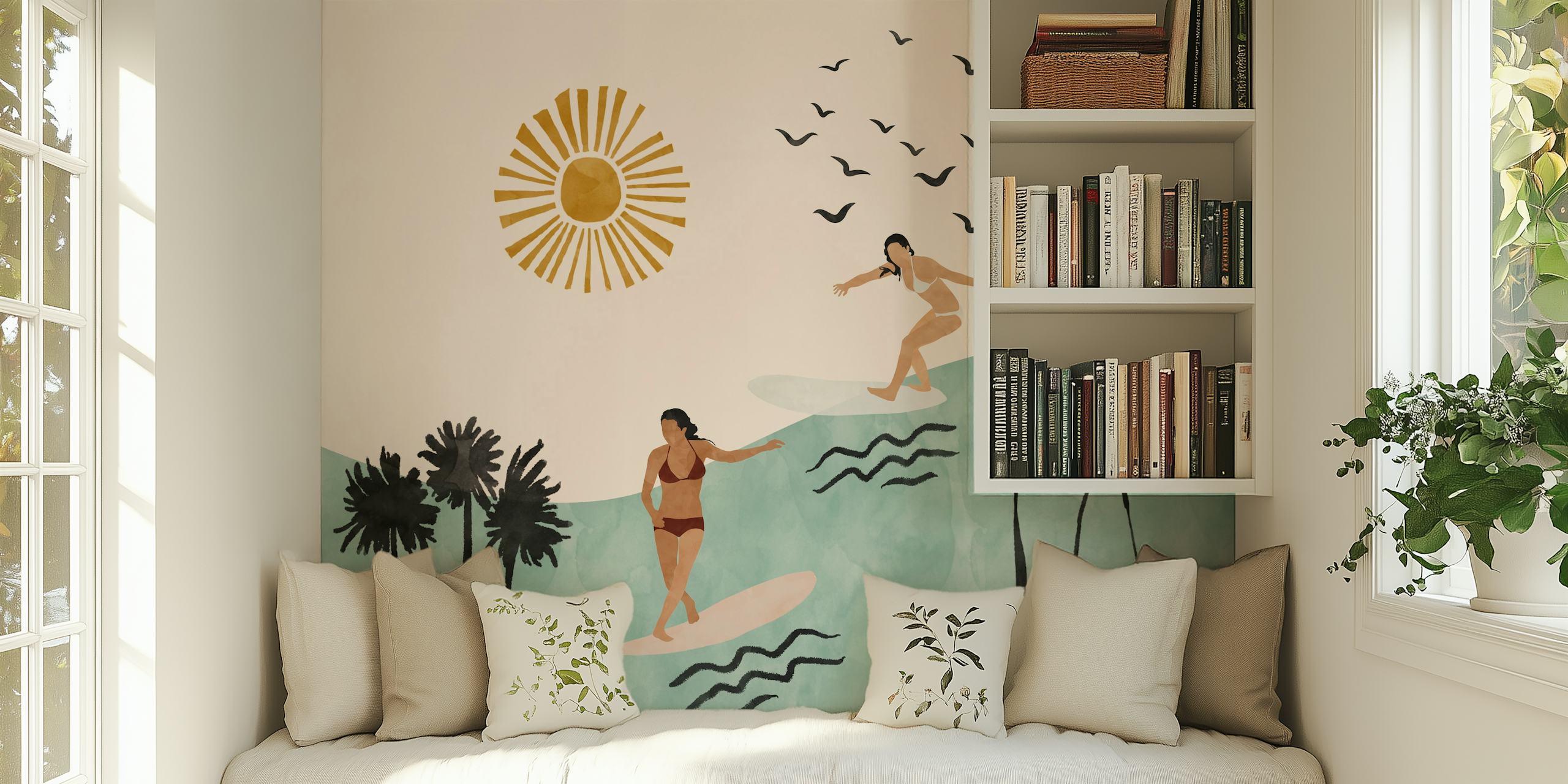 Two women surfing on waves under a sun with palm trees wallpaper