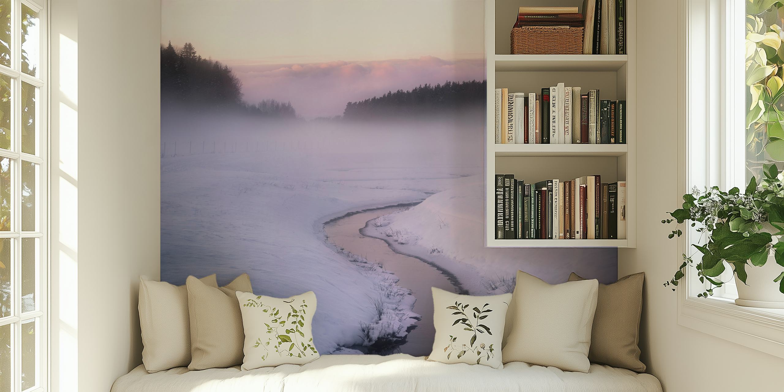 Winter's Mystique Wandbild mit einer verschneiten Landschaft und einem nebligen Wald im Morgengrauen