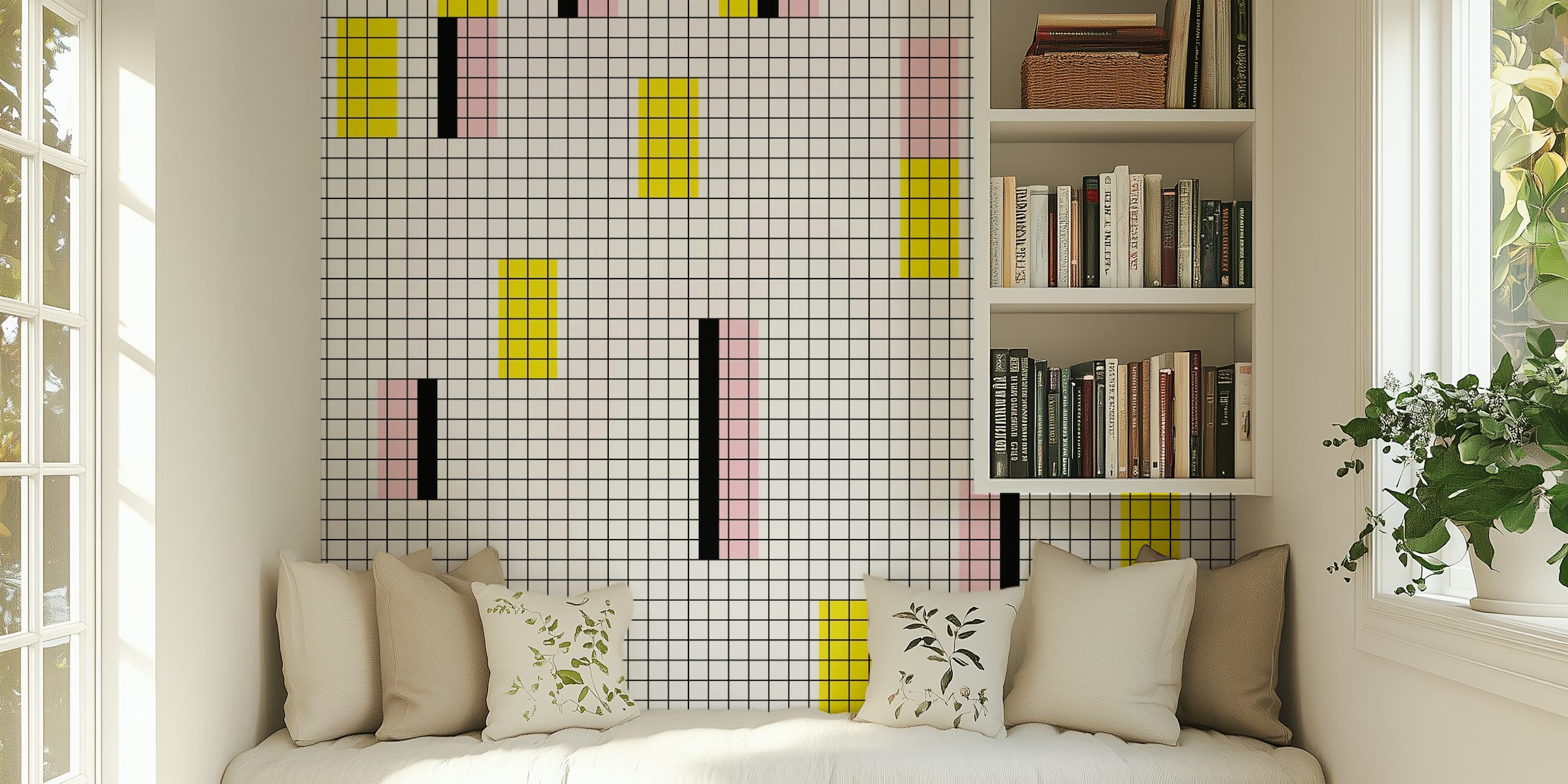 Colorful geometric shapes in pink, yellow, and black wallpaper