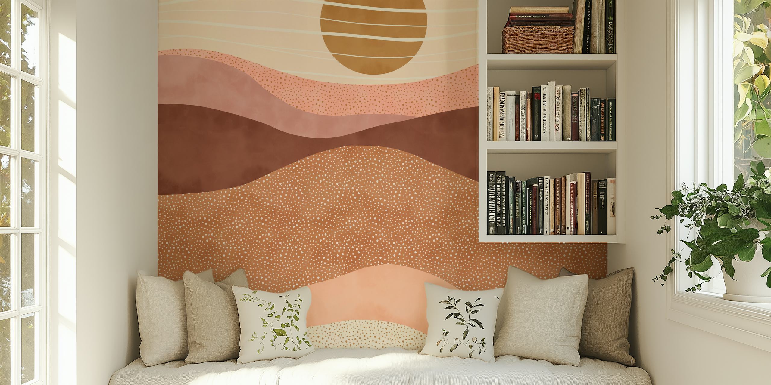 Abstract sunset landscape wallpaper with warm shades of pink, brown, and cream