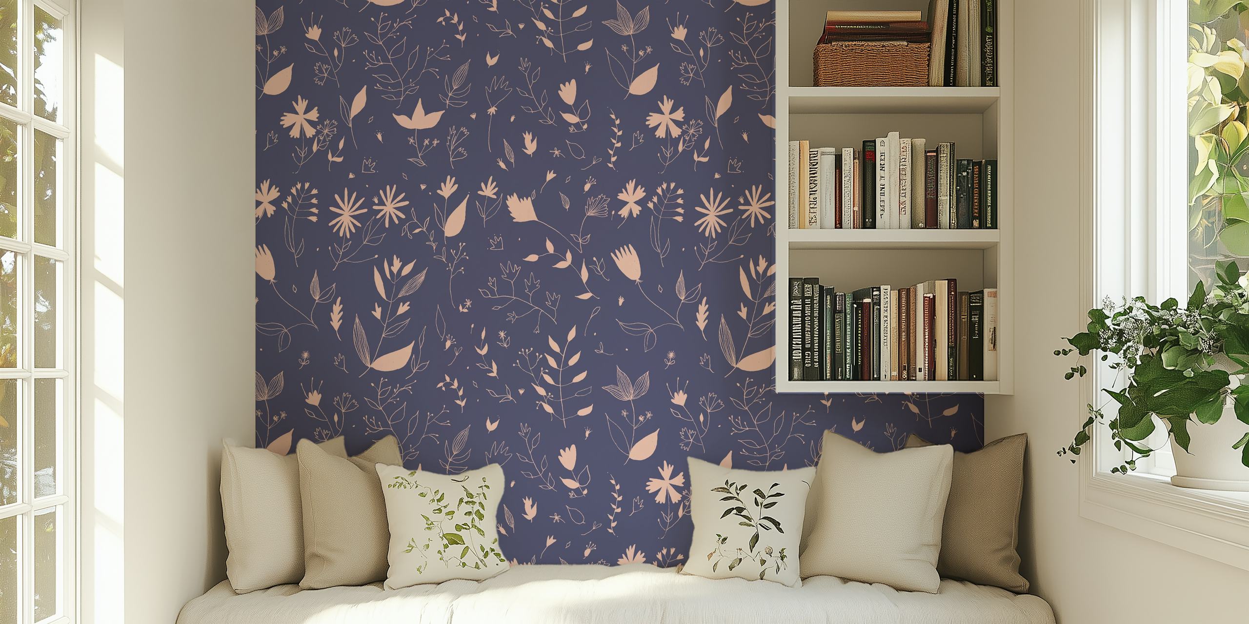 Floral pattern with pink flowers and green leaves on navy background wallpaper