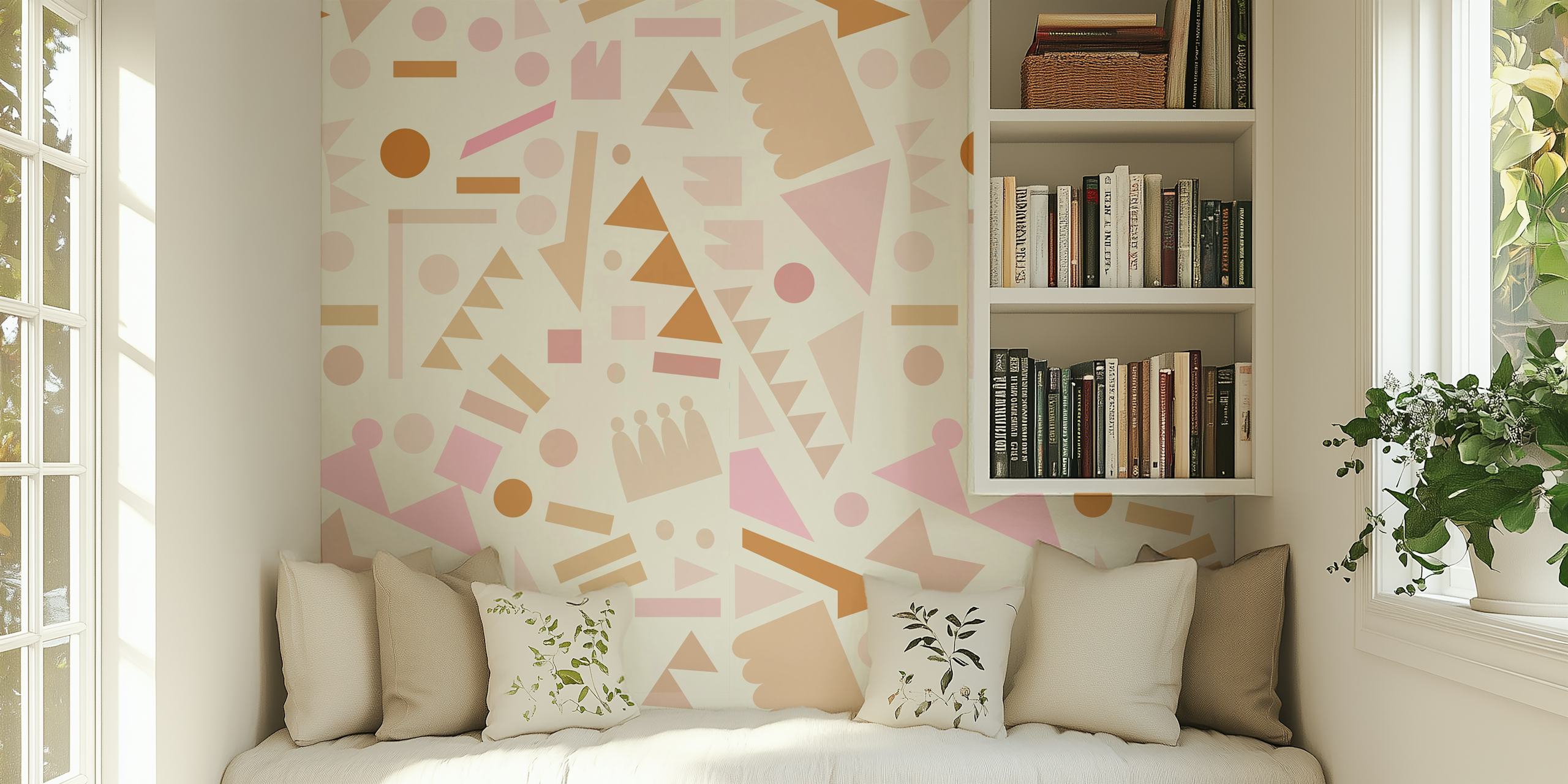 Abstract pink, beige, and white geometric shapes on wall mural