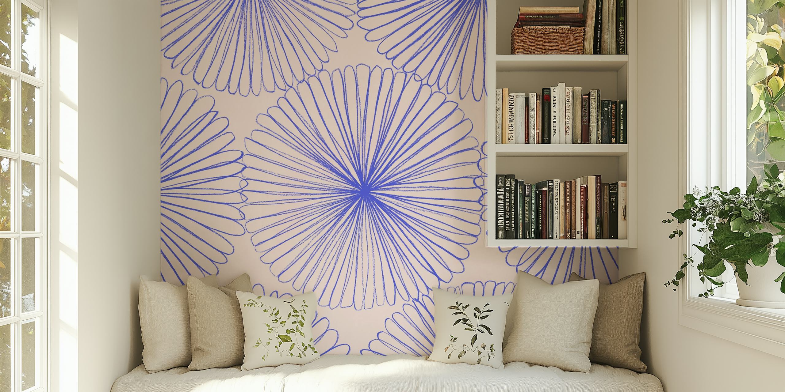 Mural de pared con estampado floral azul y pétalos intrincados en forma de rueda