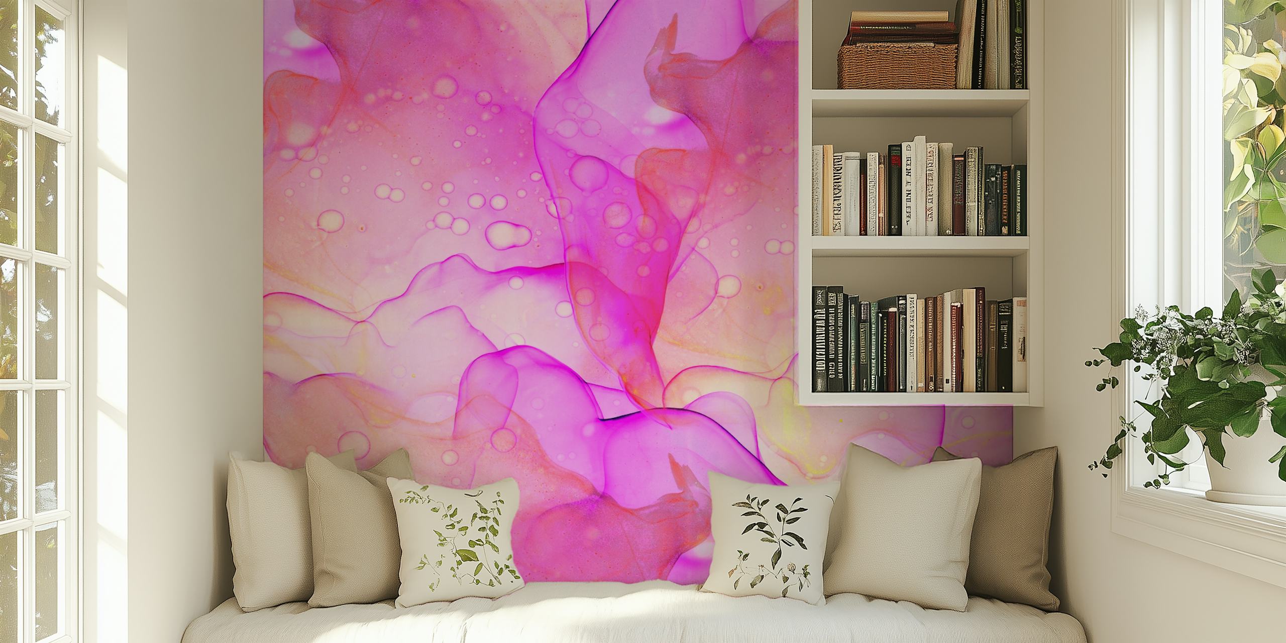Abstract roze girly vloeibare kunst muurschildering met roze en witte tinten