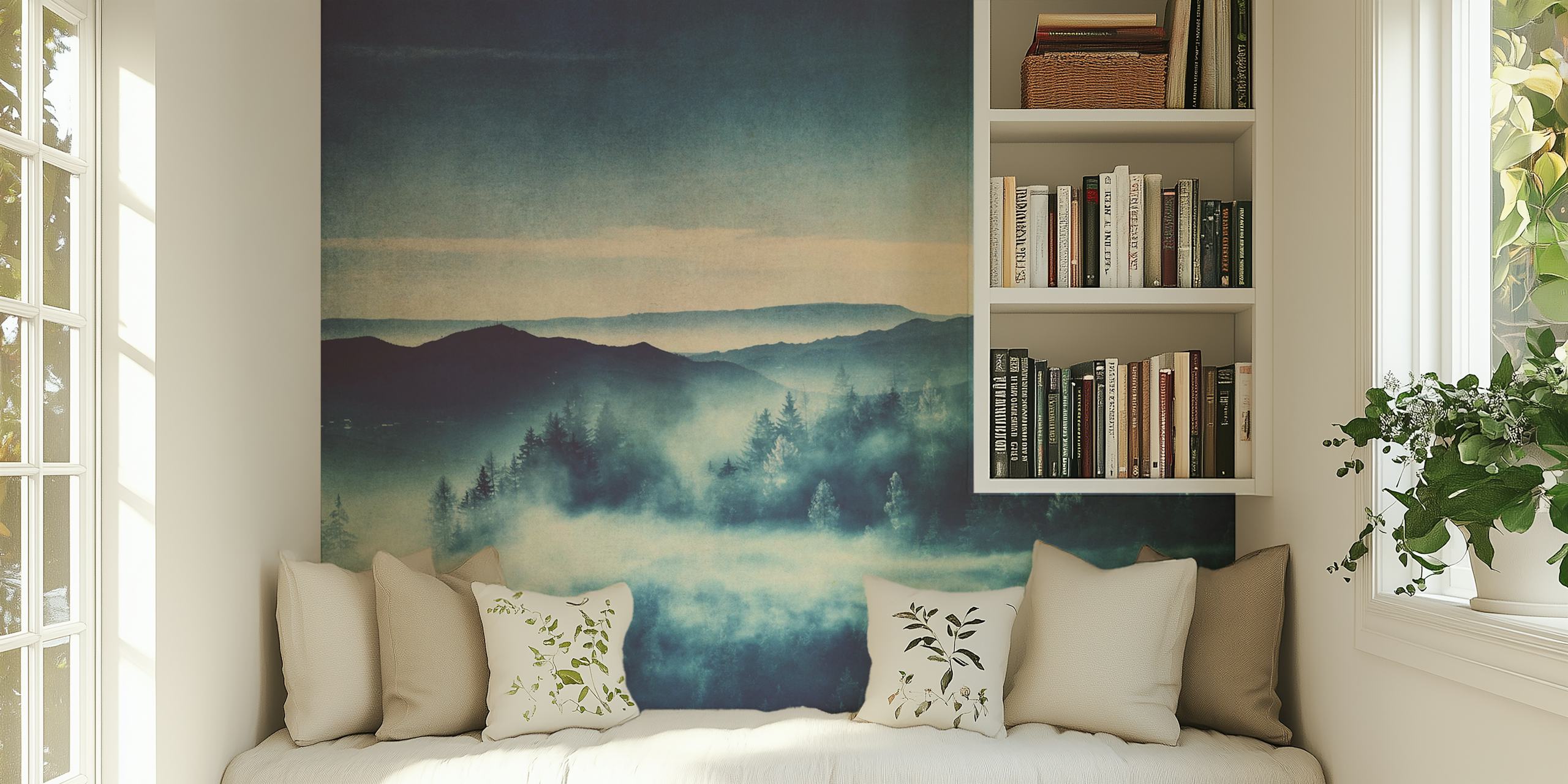 Mountain Fog and Pine Forest wallpaper in a room