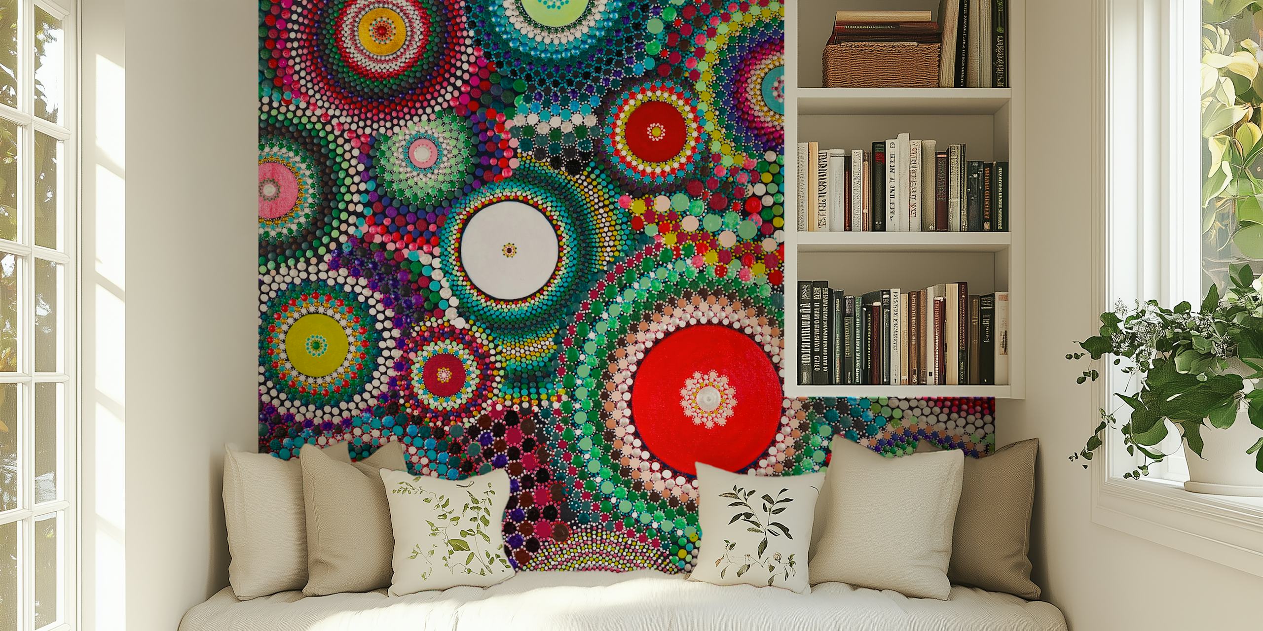 Colorful abstract wall mural design featuring vibrant patterns inspired by Pohutukawa tree blossoms