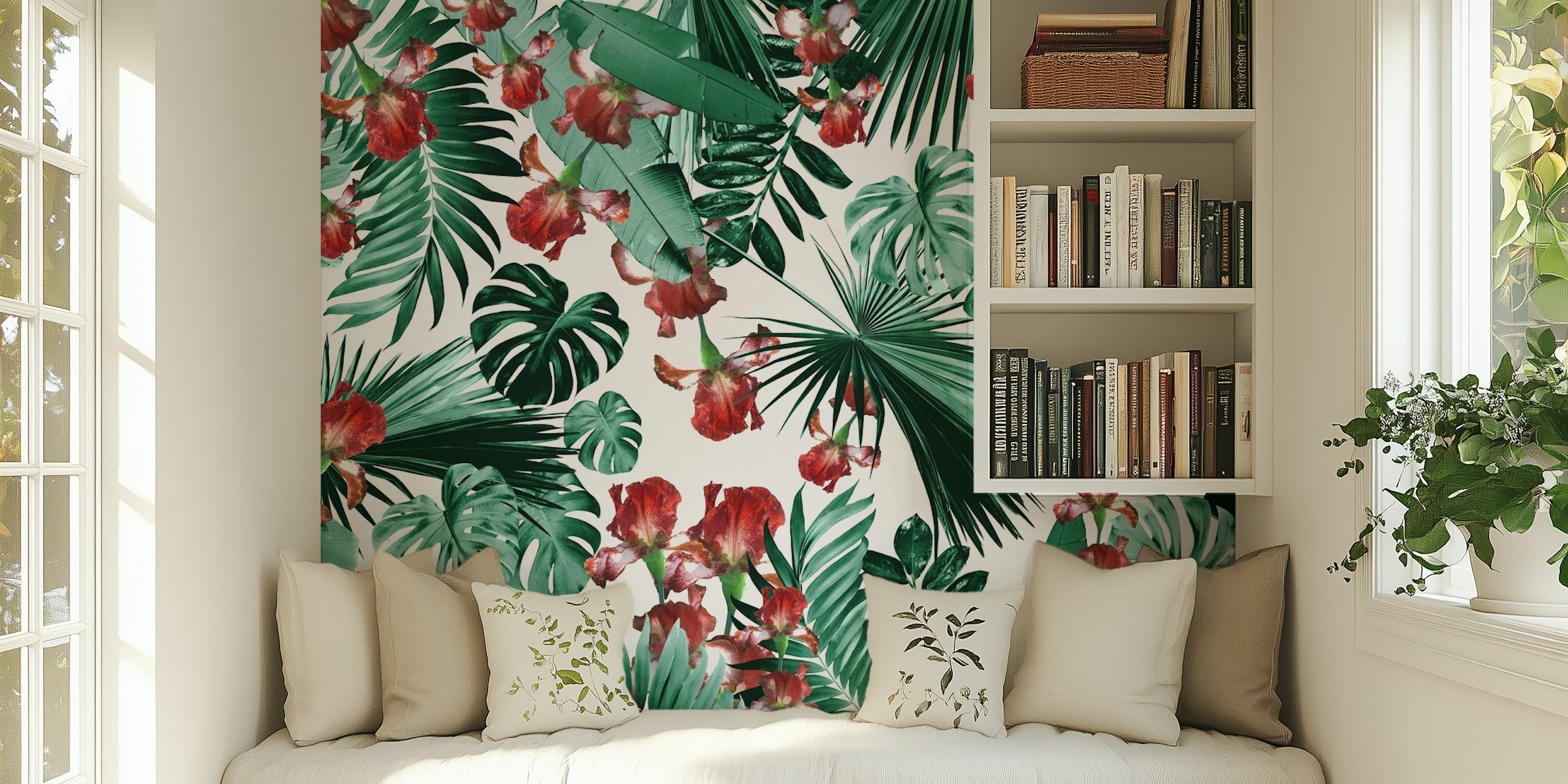 Tropical leaves and red flowers wallpaper on white background