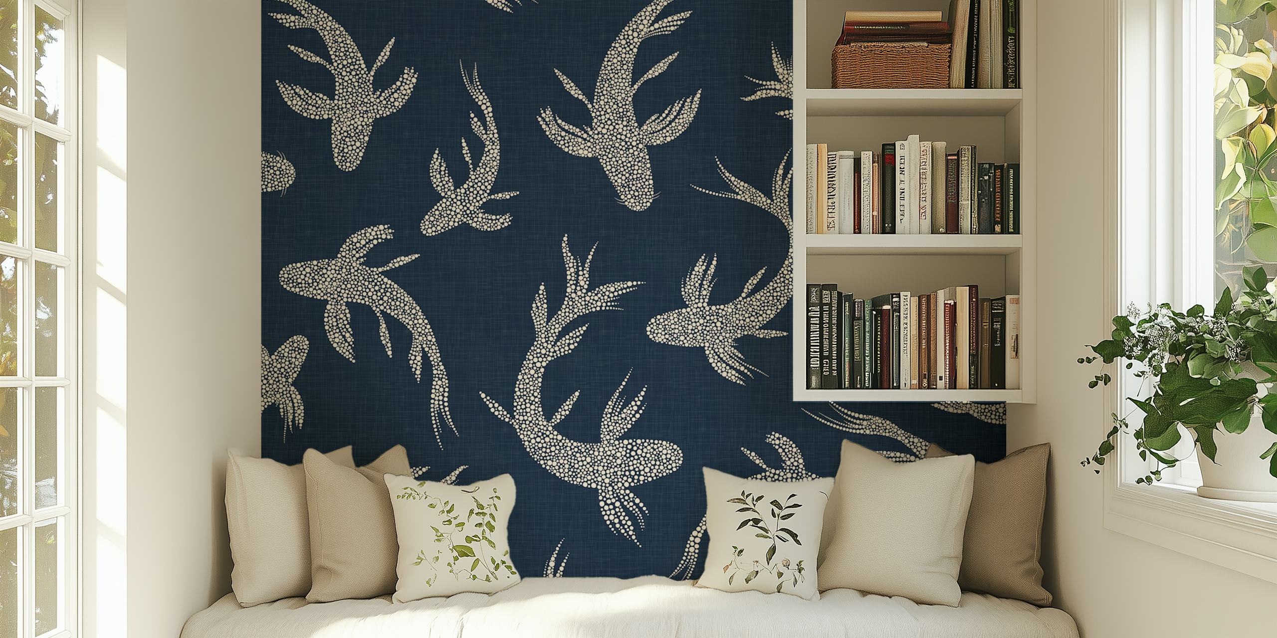 Navy blue wallpaper with koi fish pattern in silver tones