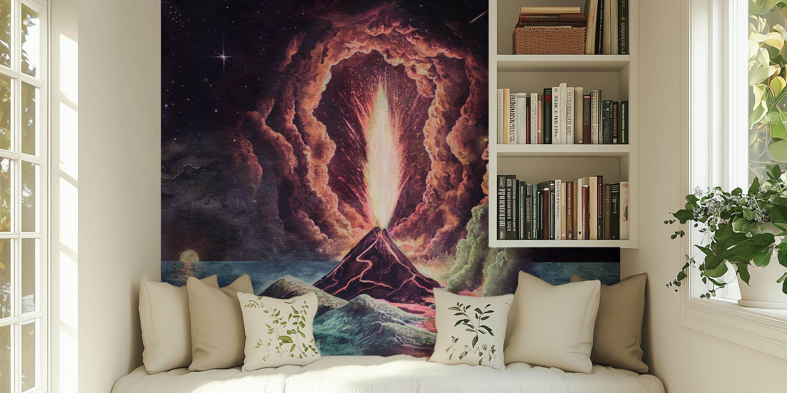 Volcano eruption scene with explosions and vibrant colors wallpaper