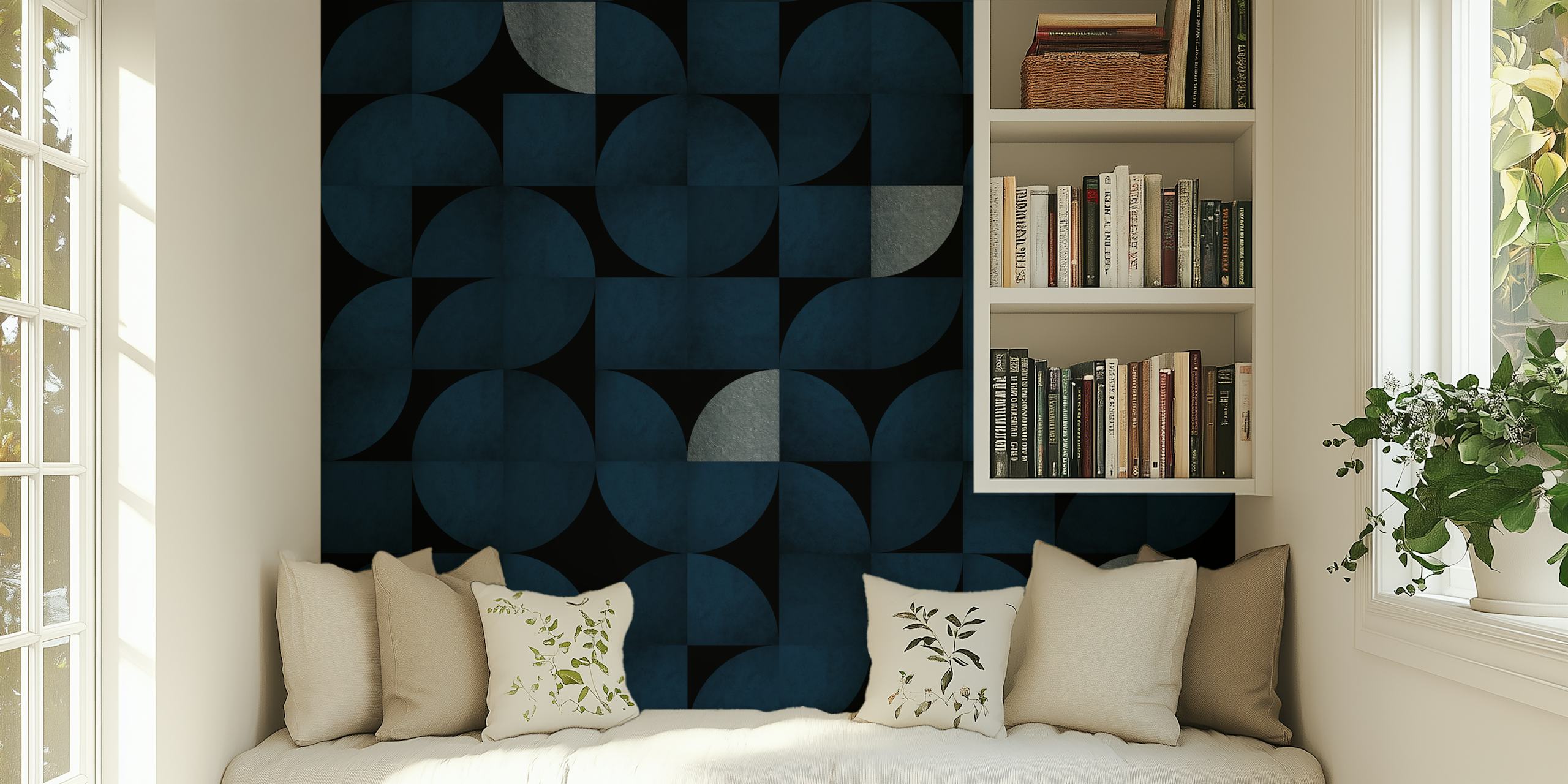 Ταπετσαρία Mid-Century Navy Blue and Silver σε ένα δωμάτιο