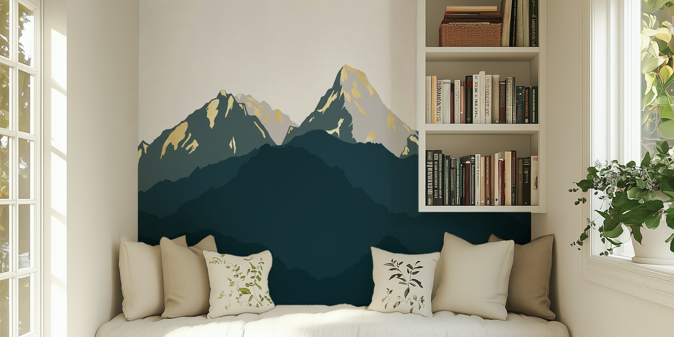 Blue and golden mountains silhouette Tapete in einem Zimmer