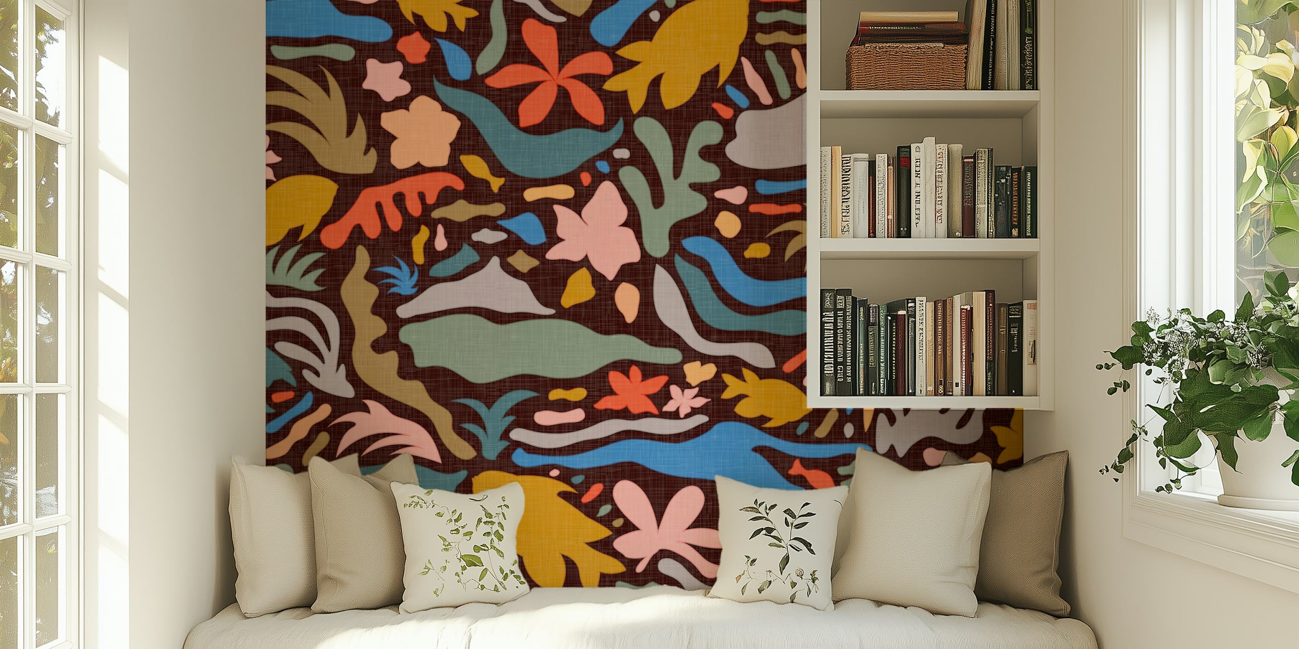 Colorful tropical flowers and leaves on a brown background wallpaper