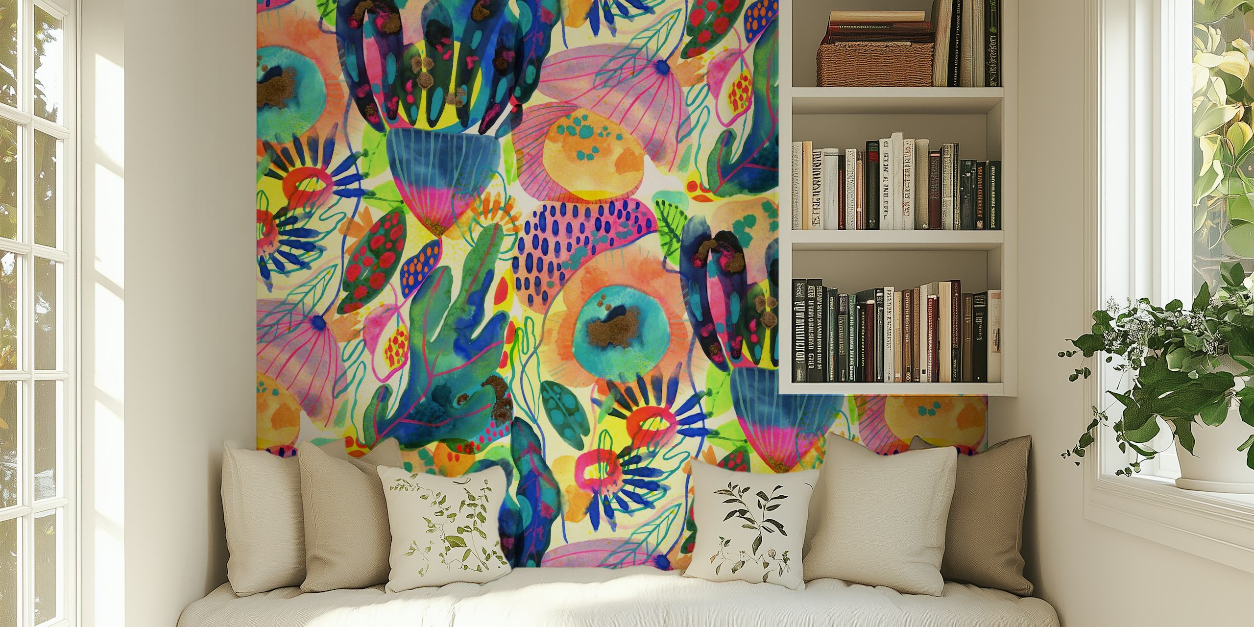 Colorful tropical flowers and leaves pattern wallpaper