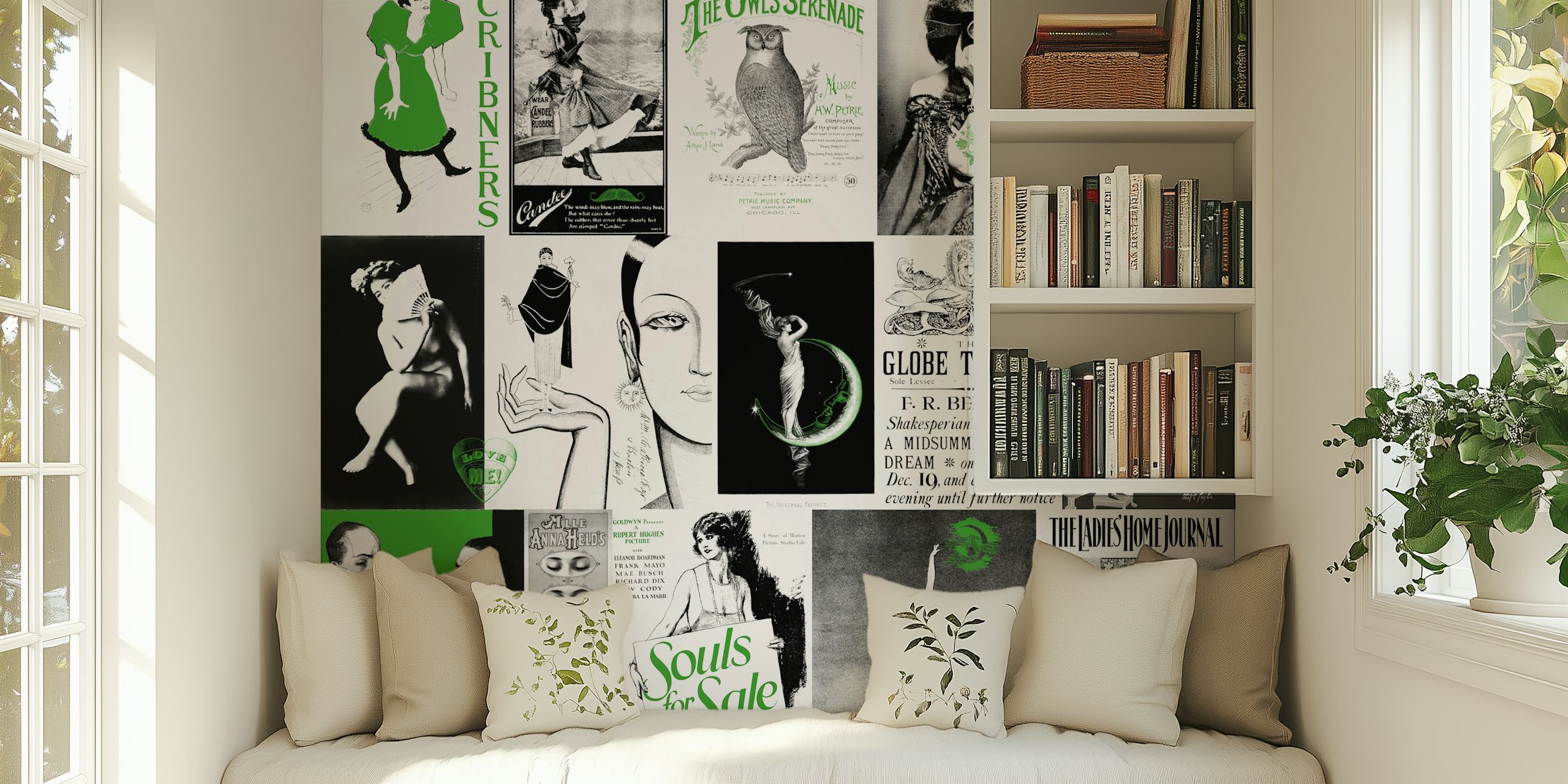 Vintage black and white wallpaper with green accents featuring artistic illustrations.