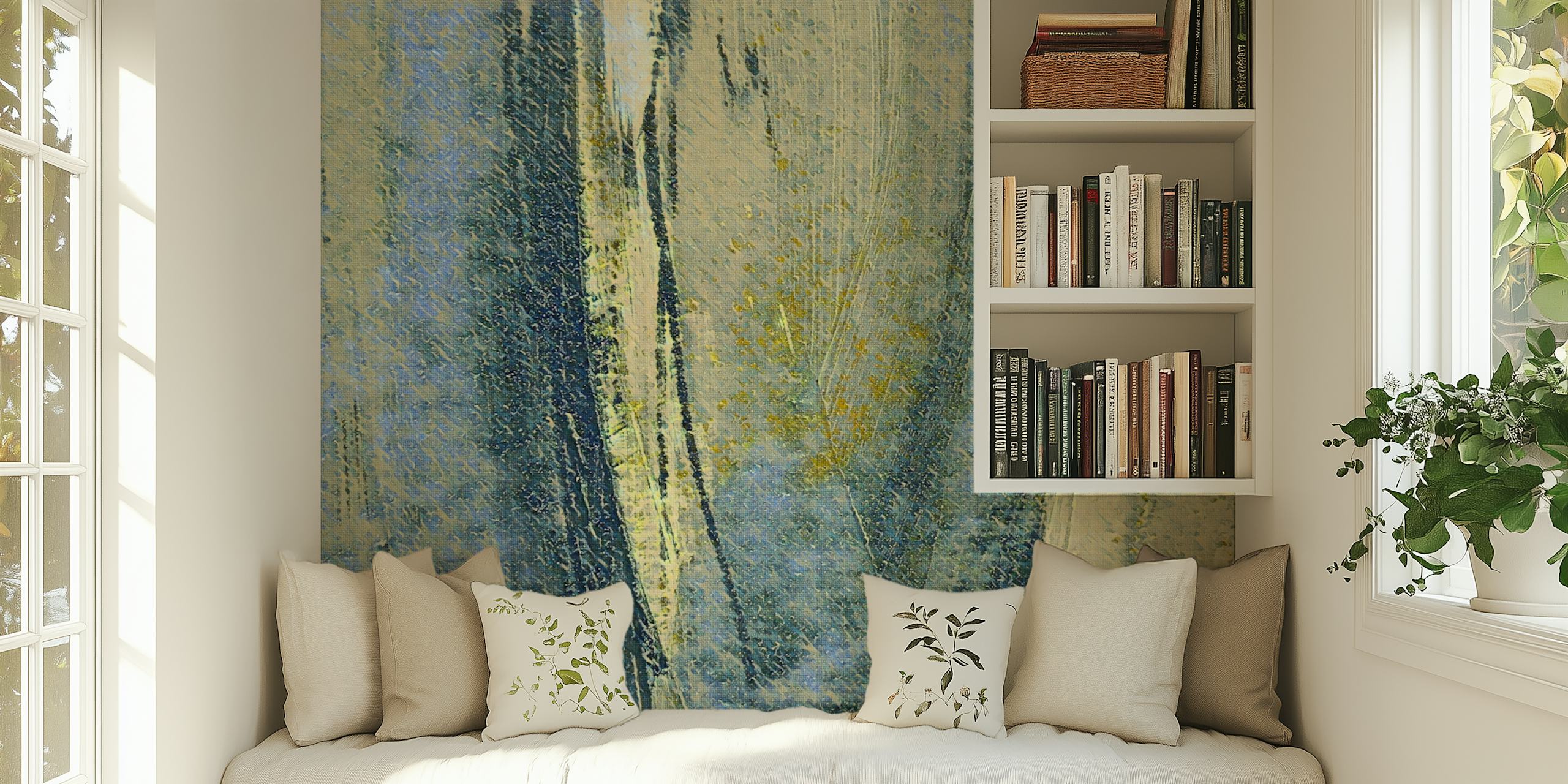 Abstract brushstroke wallpaper in blue and gold colors