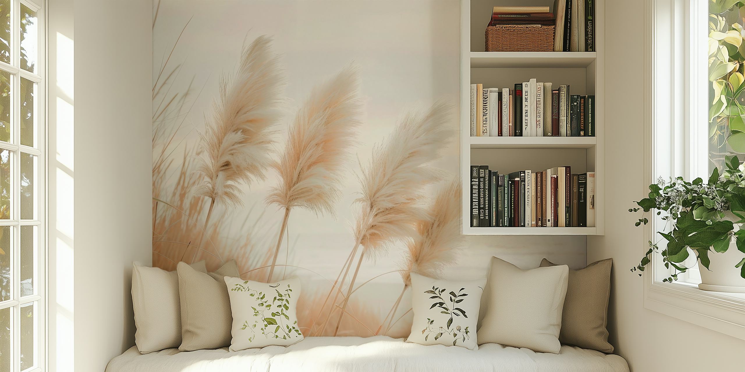 Pampas grass in soft cream tones against a serene background wallpaper