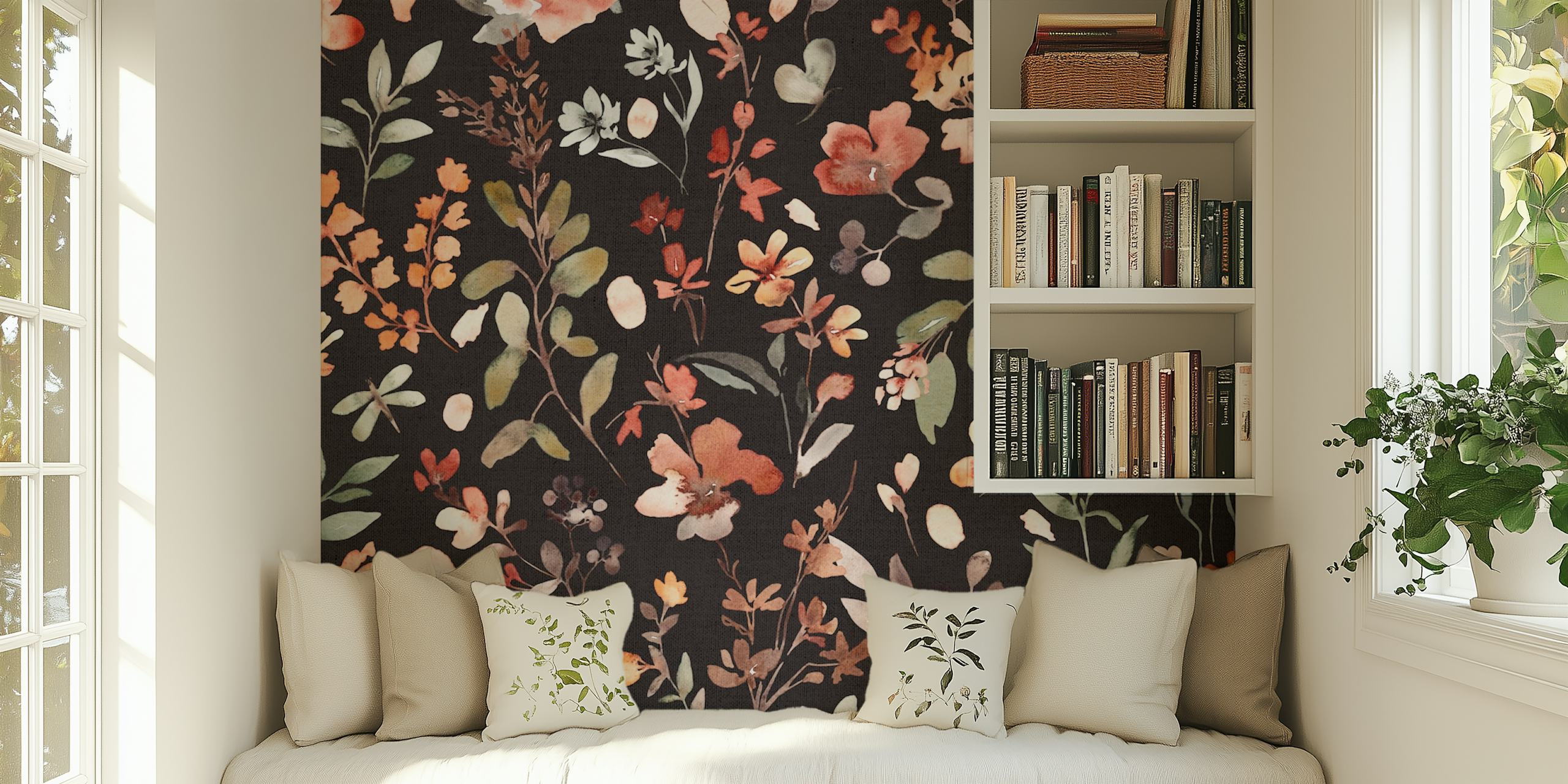 Colorful floral patterns on black wallpaper, watercolor style