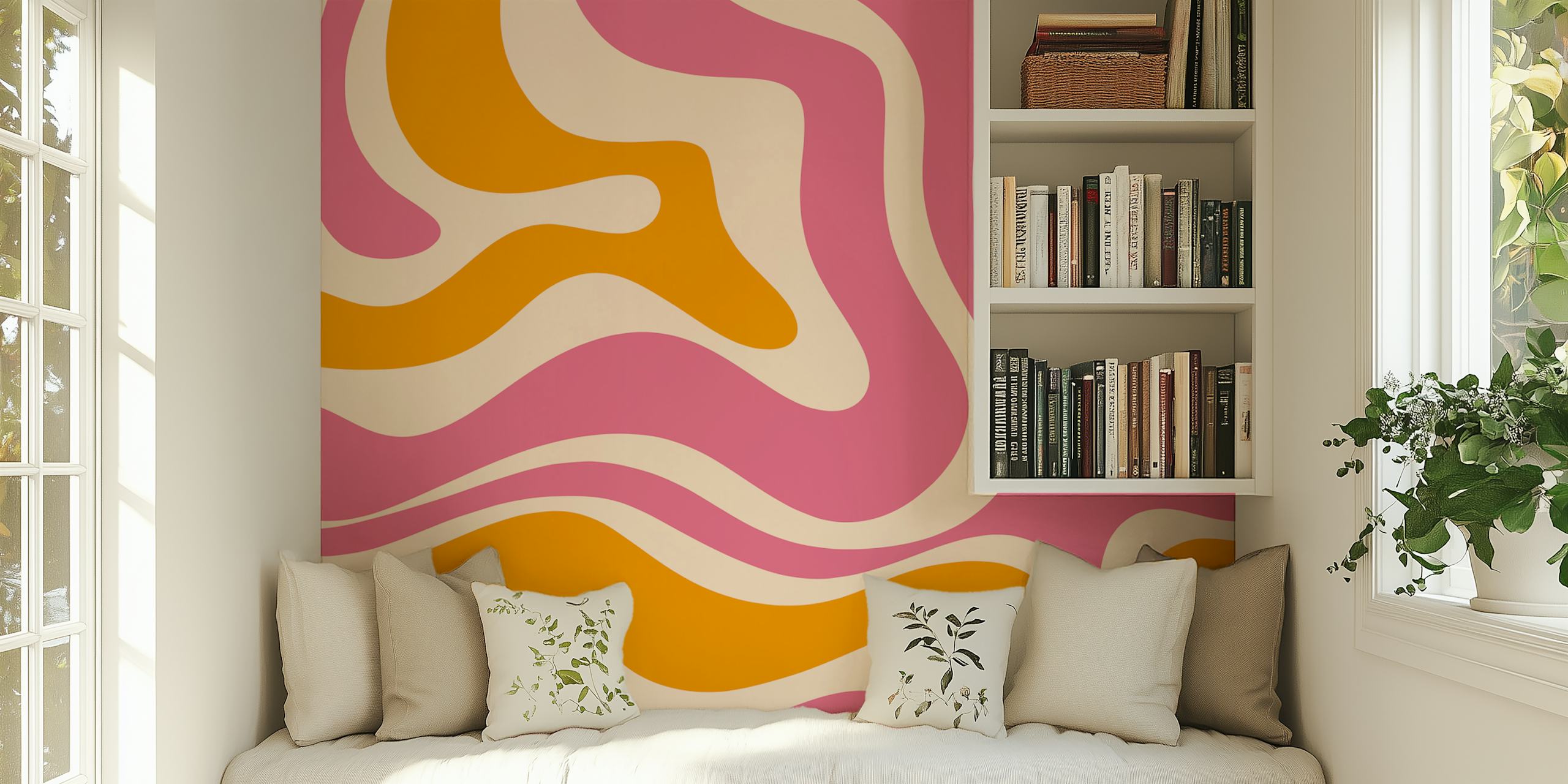 Papier peint Retro Modern Liquid Swirl Thulian Ochre dans une pièce