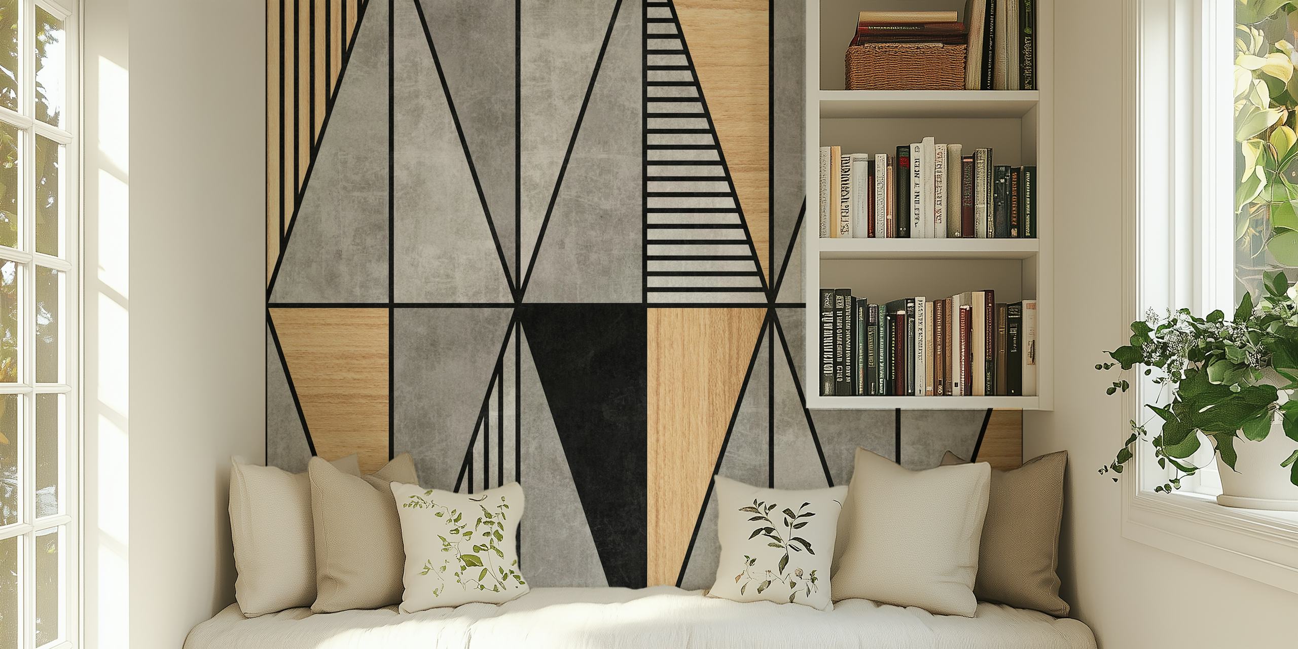 Geometric triangles in concrete and wood colors wallpaper