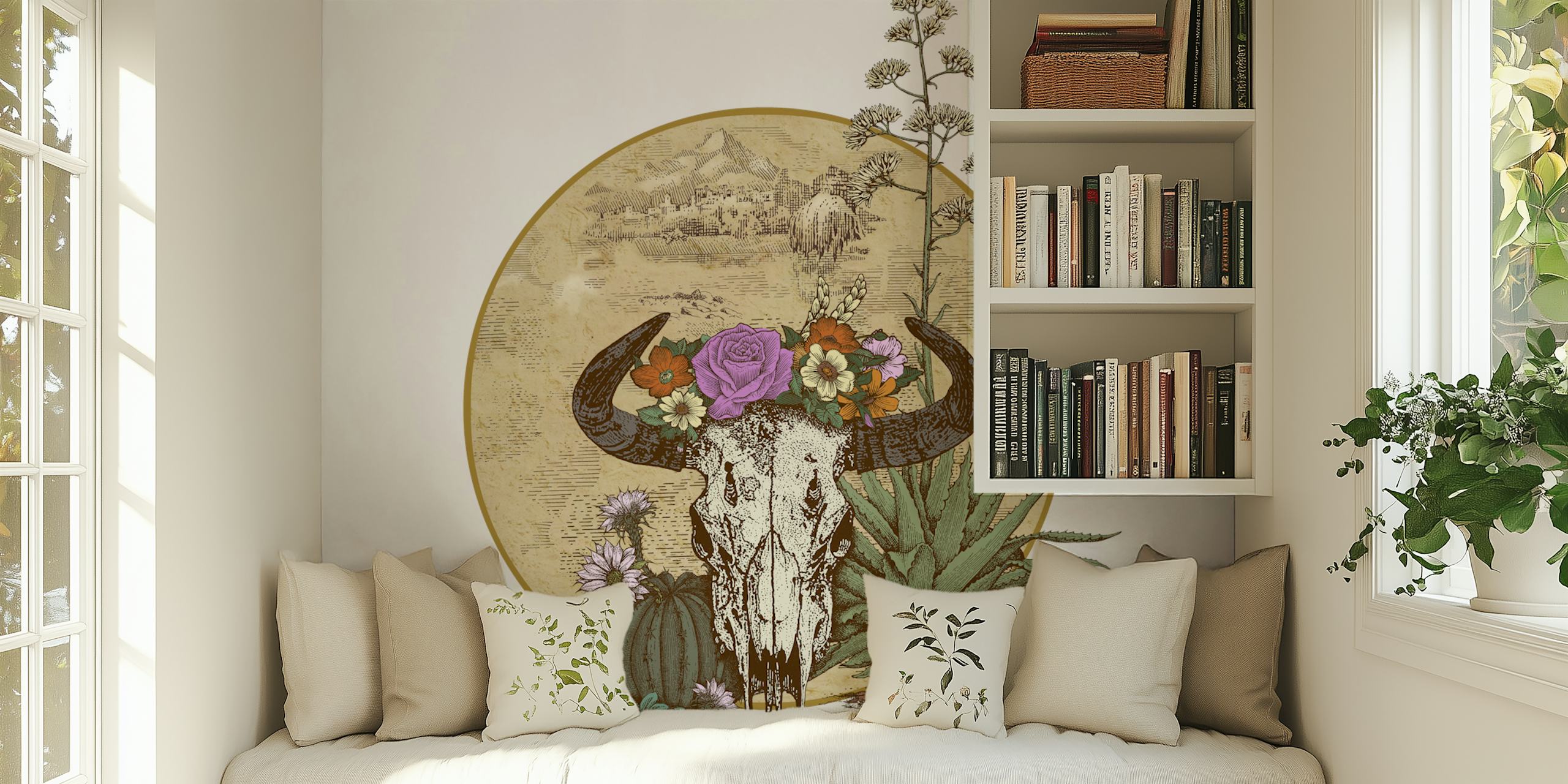 Skull with flowers and plants in front of a circular backdrop wallpaper