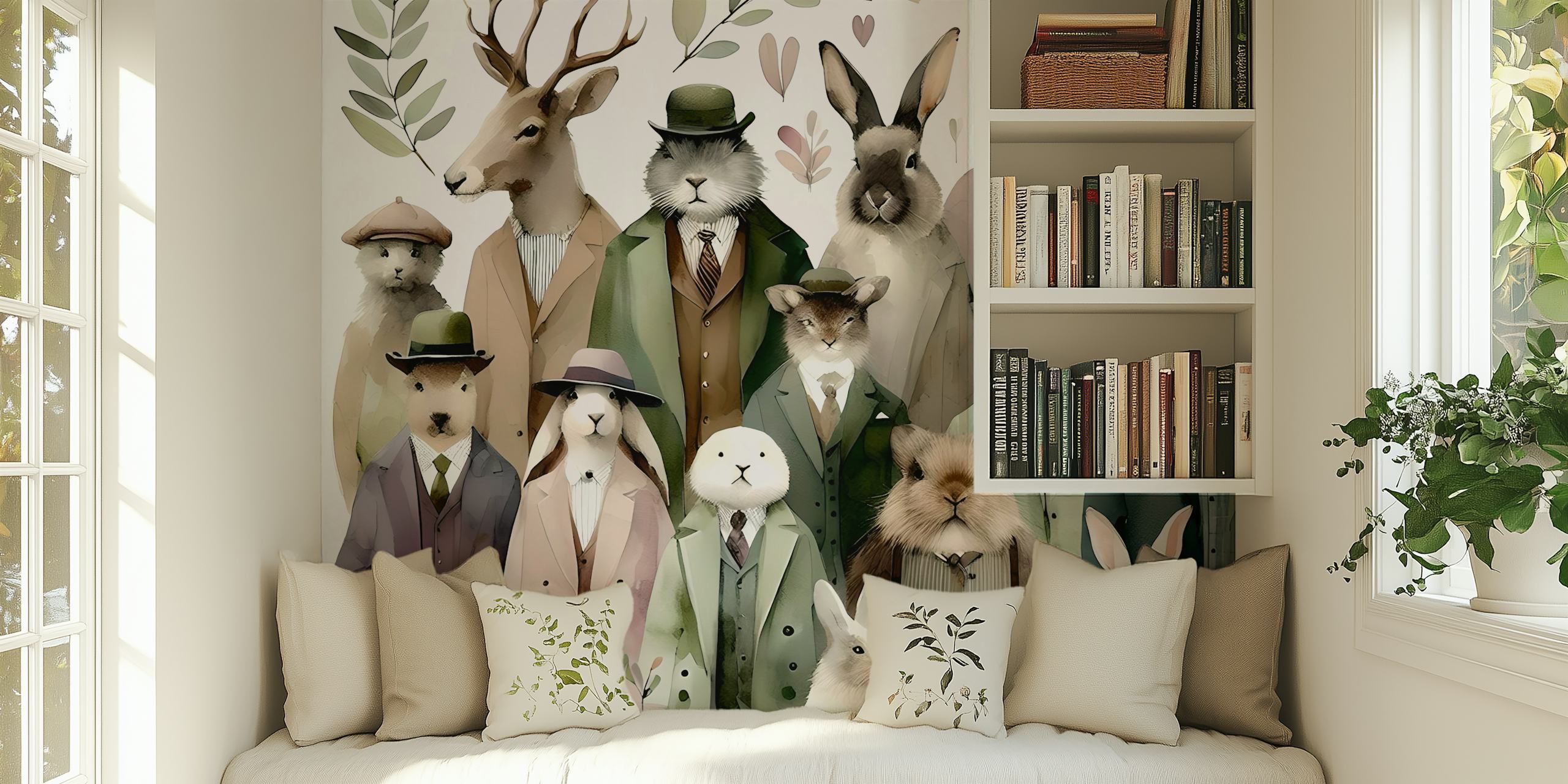 Woodland animals in suits, muted earth tones, whimsical wallpaper