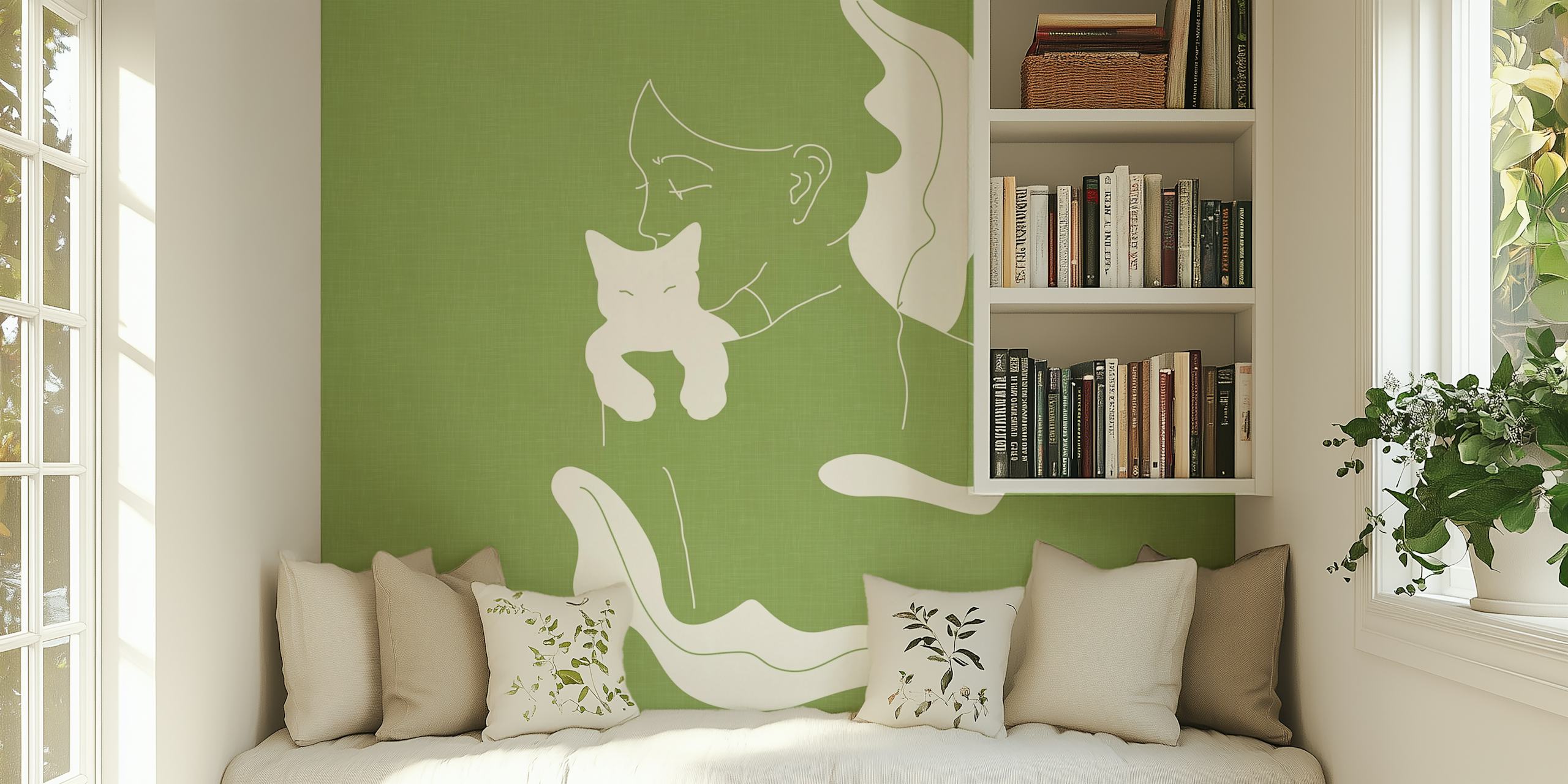 Girl holding cat with green background modern wallpaper
