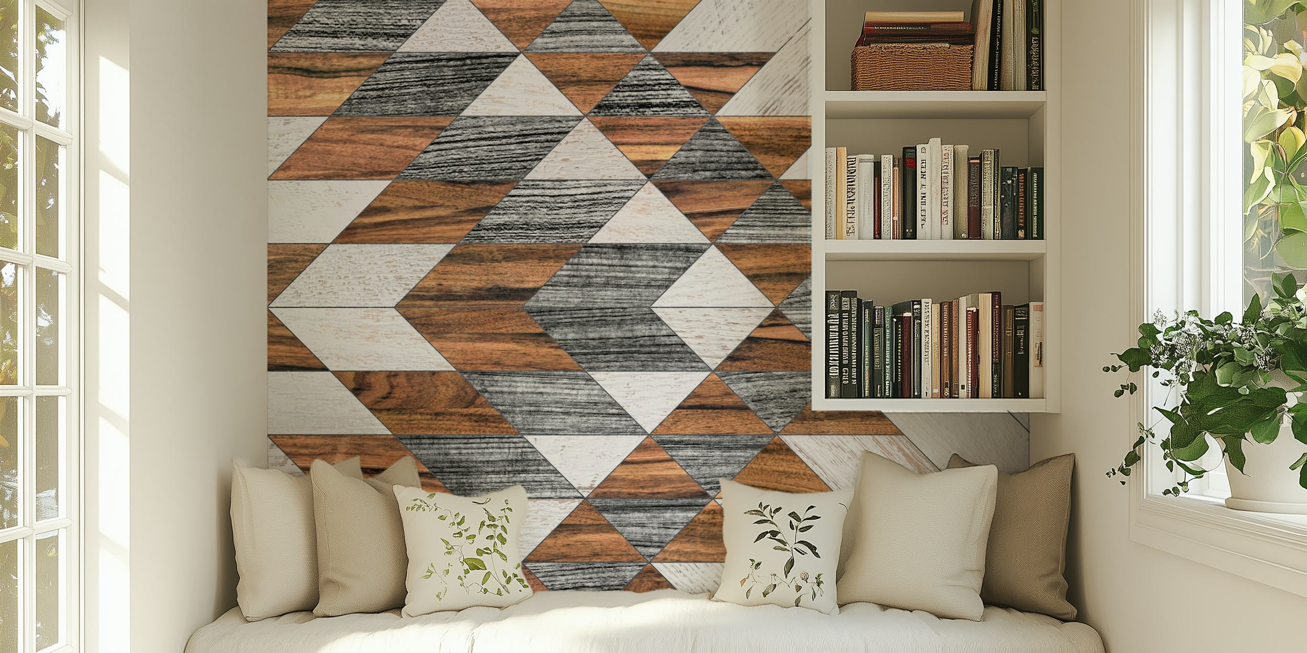 Geometric wood pattern in brown and gray tones wallpaper