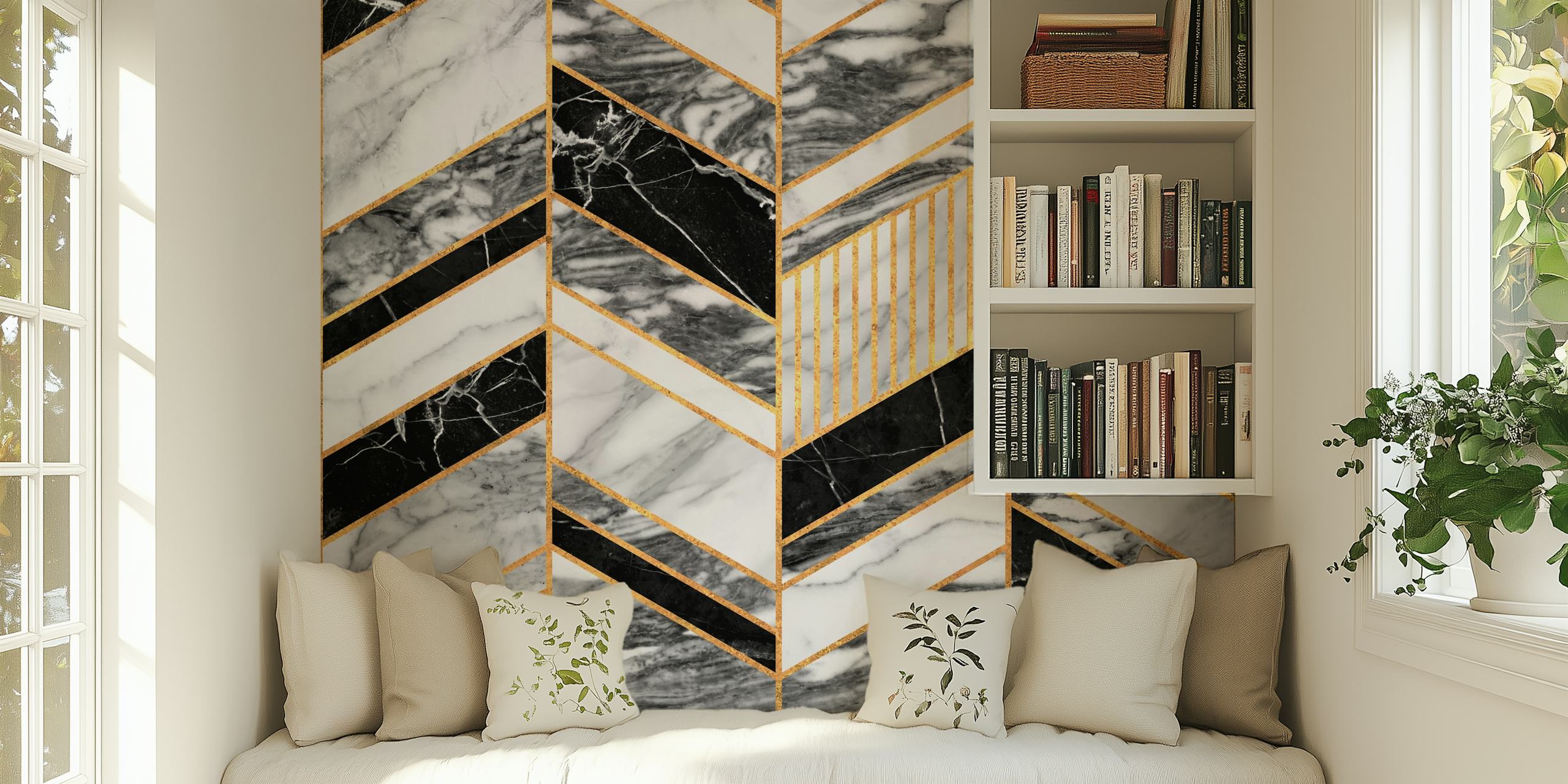 Chevron marble pattern wall mural with gold accents