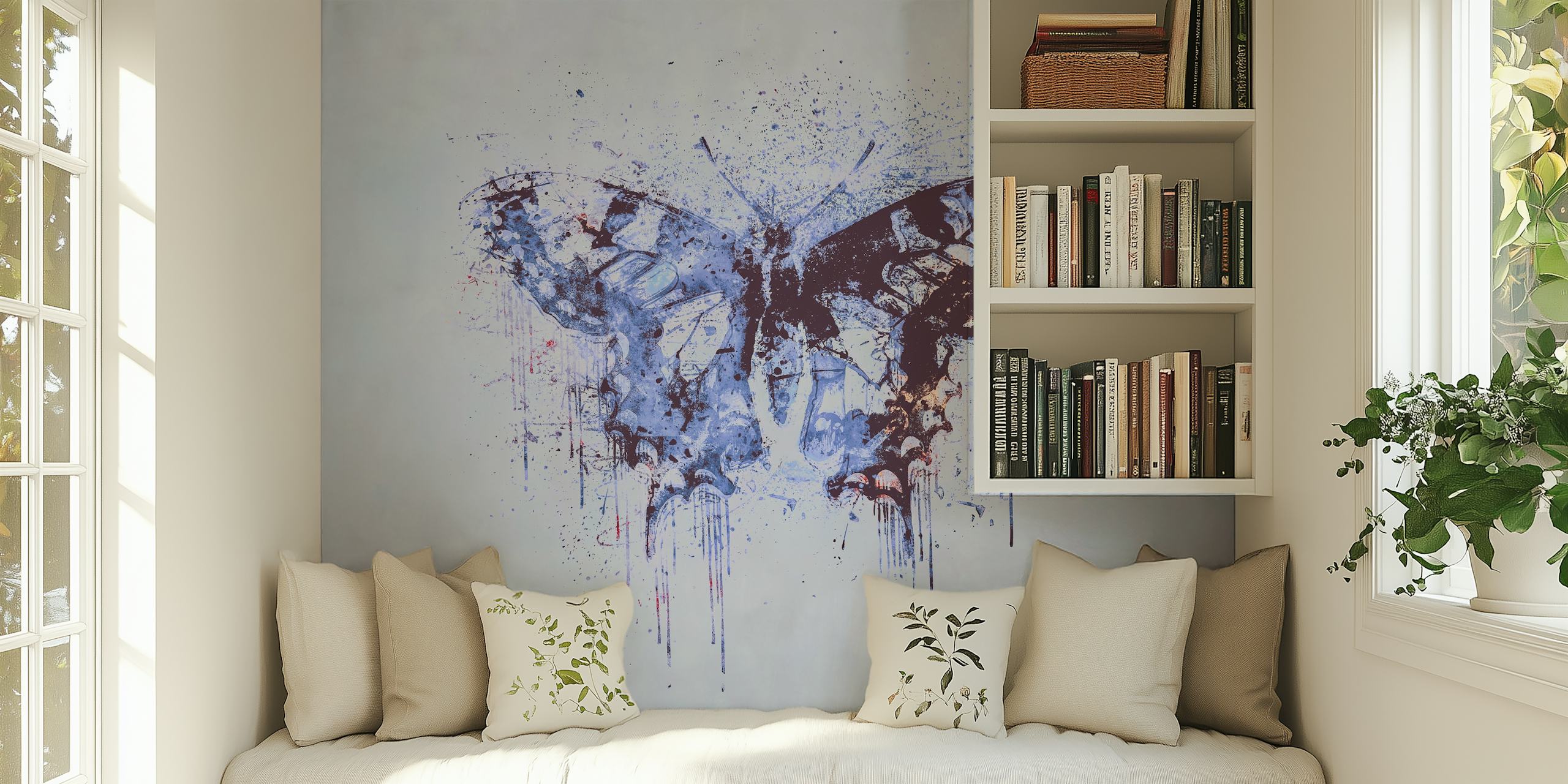 Abstract butterfly mural with blue splashes