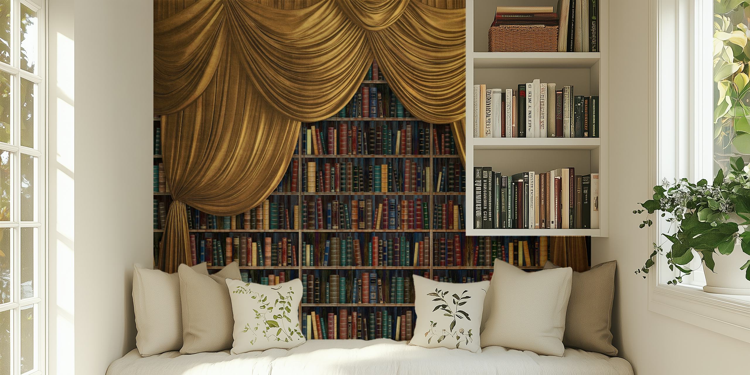 Elegant library wall mural with colorful book spines and gold drapes wallpaper