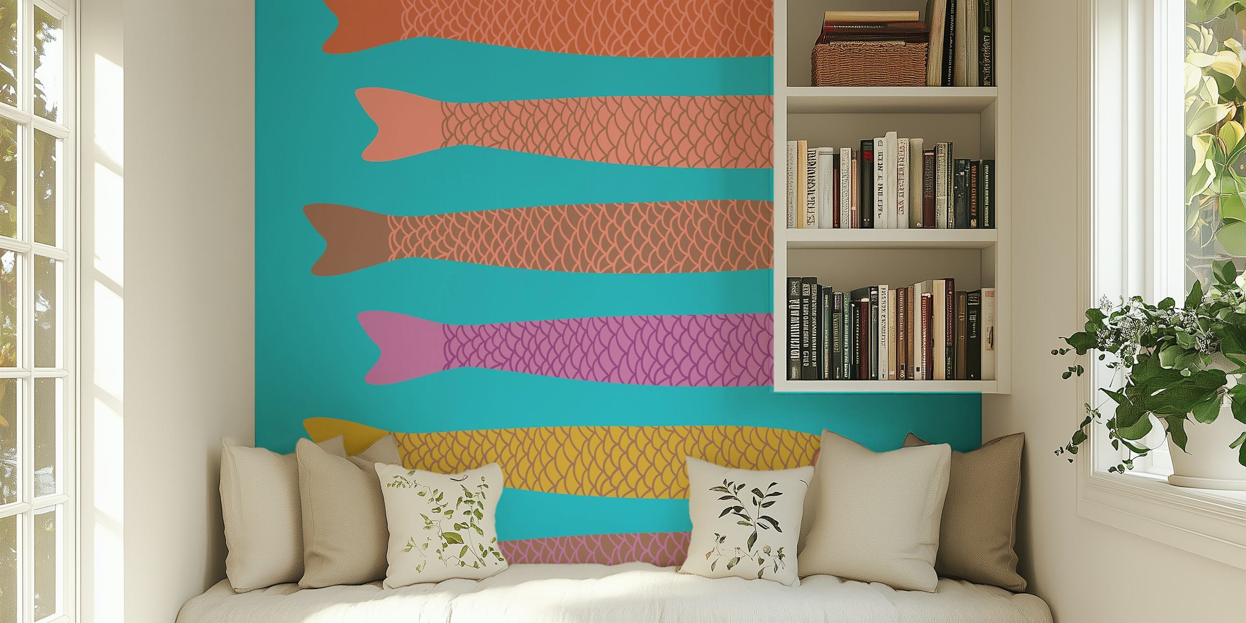 Colorful retro fish in pink, orange, purple, and gold on blue wallpaper