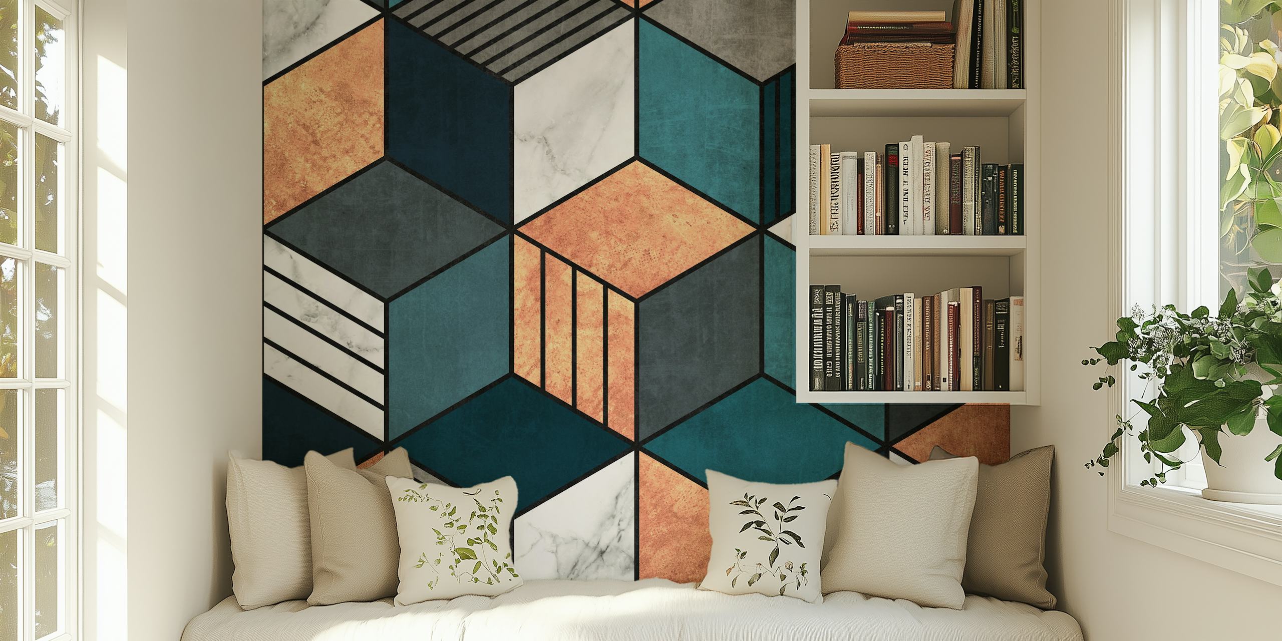 Mural de pared Copper Marble Cubes w Blue 2 que representa cubos geométricos con texturas de mármol y colores cobre y azul.