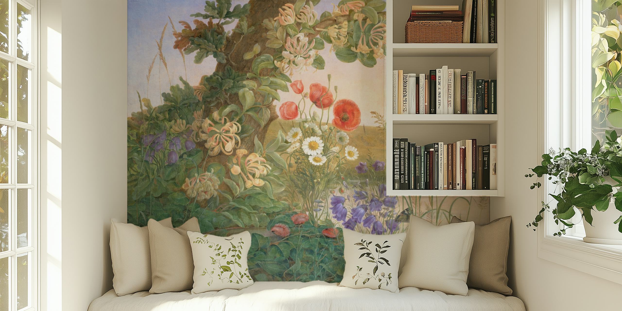 Colorful flowers and greenery in a pastoral landscape wallpaper