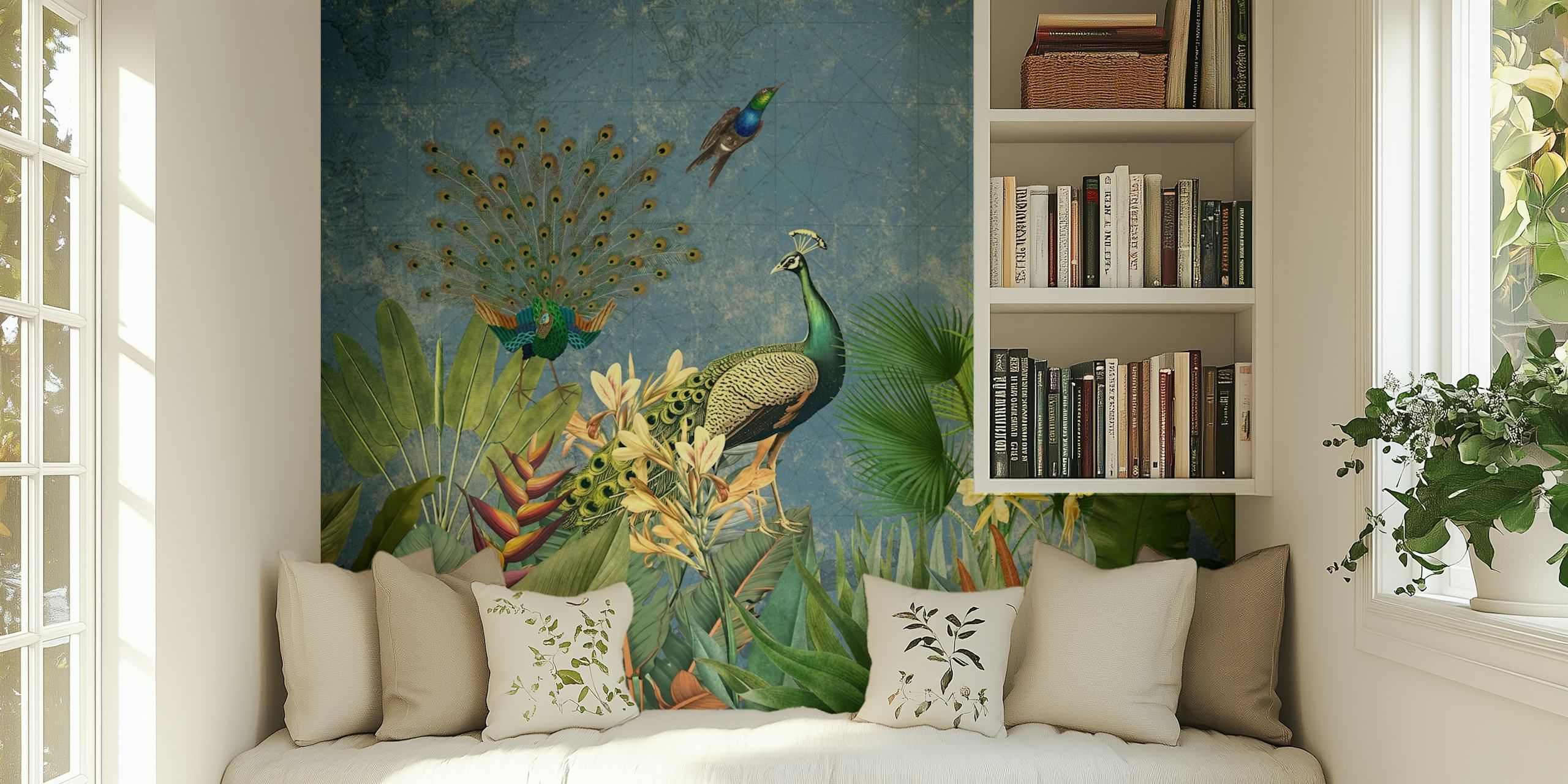 Elegant peacocks among greenery wallpaper in a room