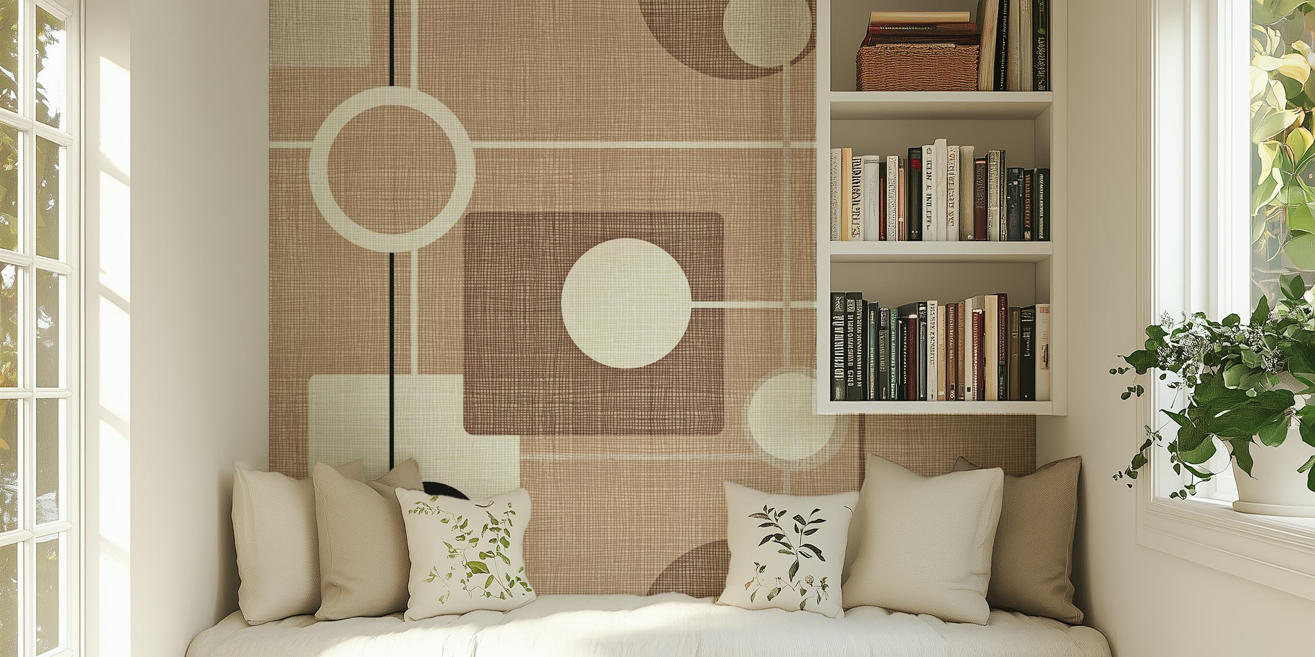 Mid-Century Motif Mocha Tapete in einem Raum