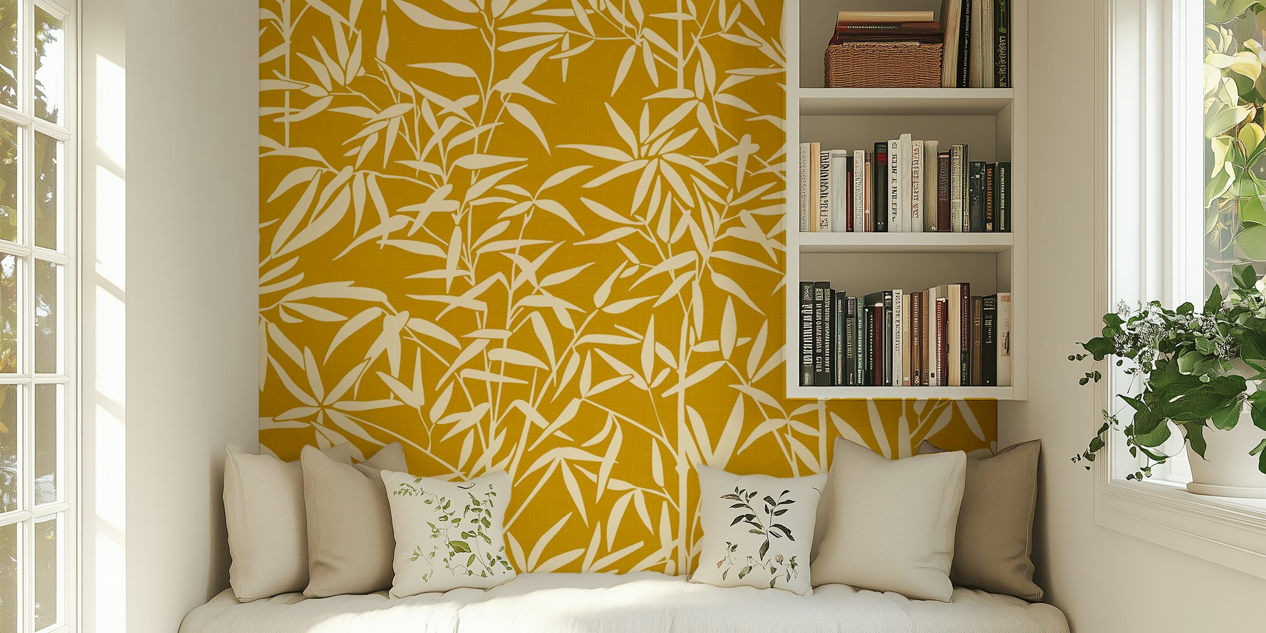 Bamboo leaves on marigold yellow background wallpaper