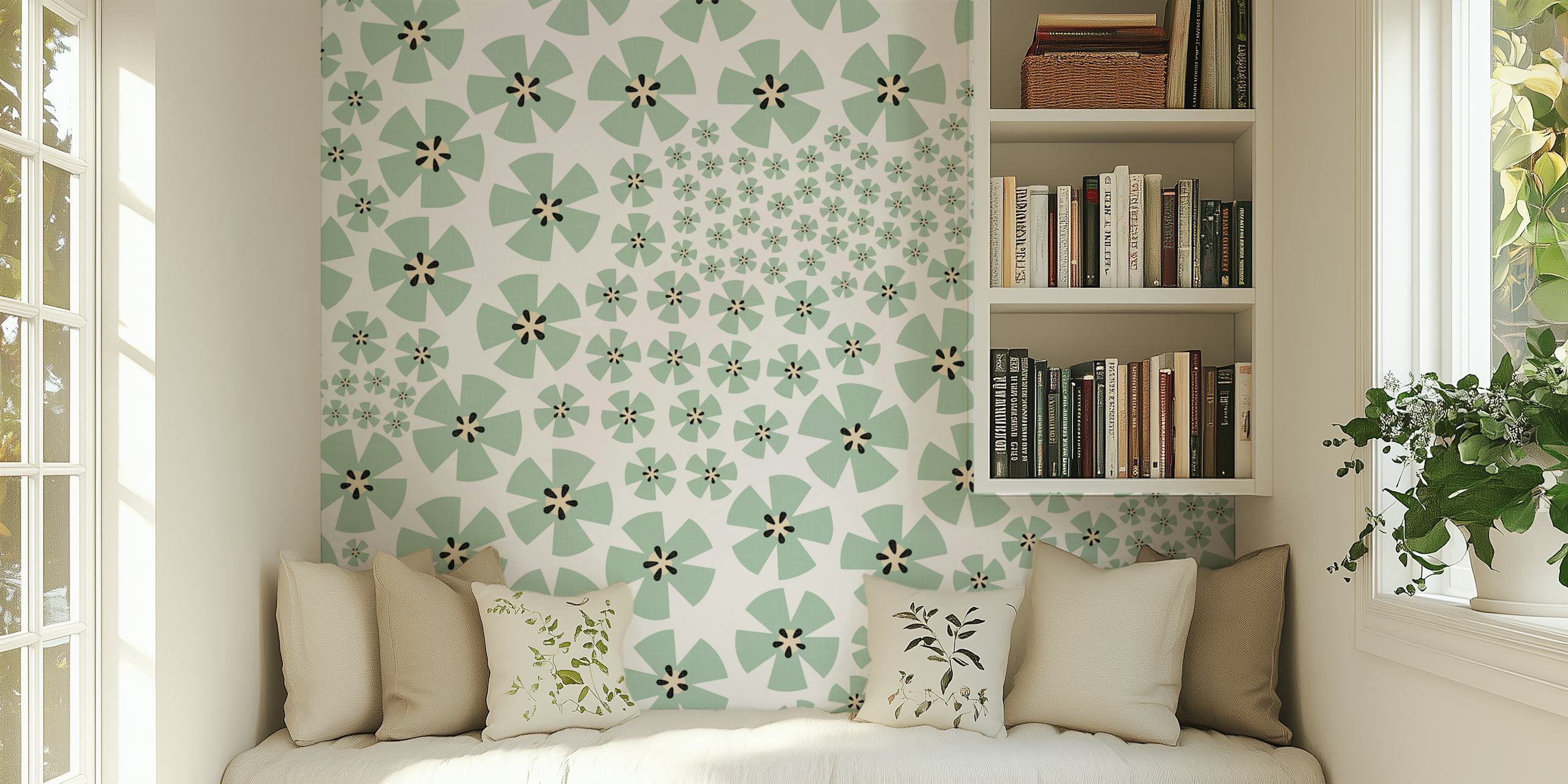 Sage green floral wallpaper with black center flowers and small white accents