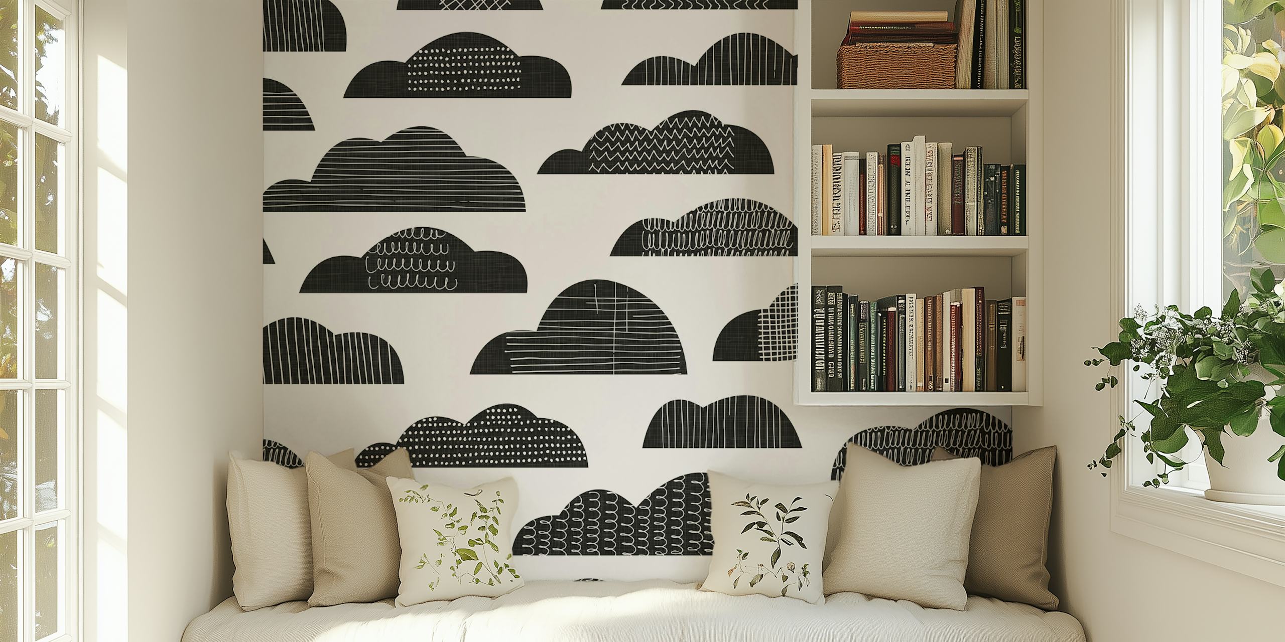 Black and white cloud pattern wallpaper in mid-century modern style