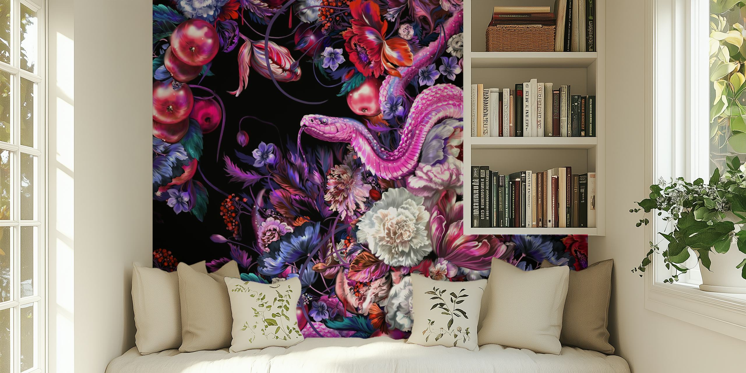 Serpent in vibrant floral wallpaper design