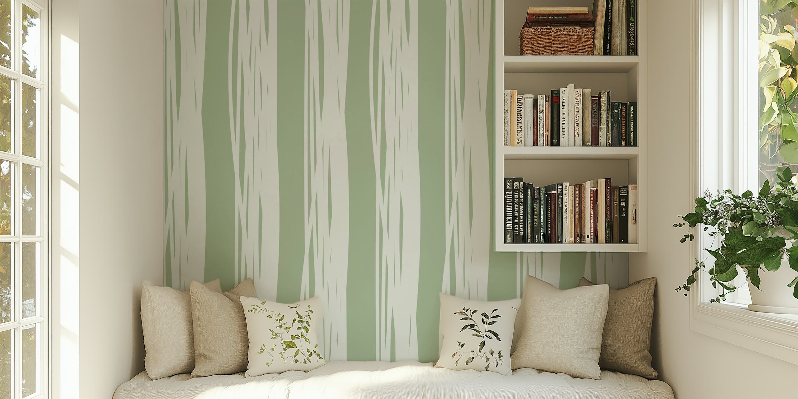Sage green irregular stripes wallpaper in a room