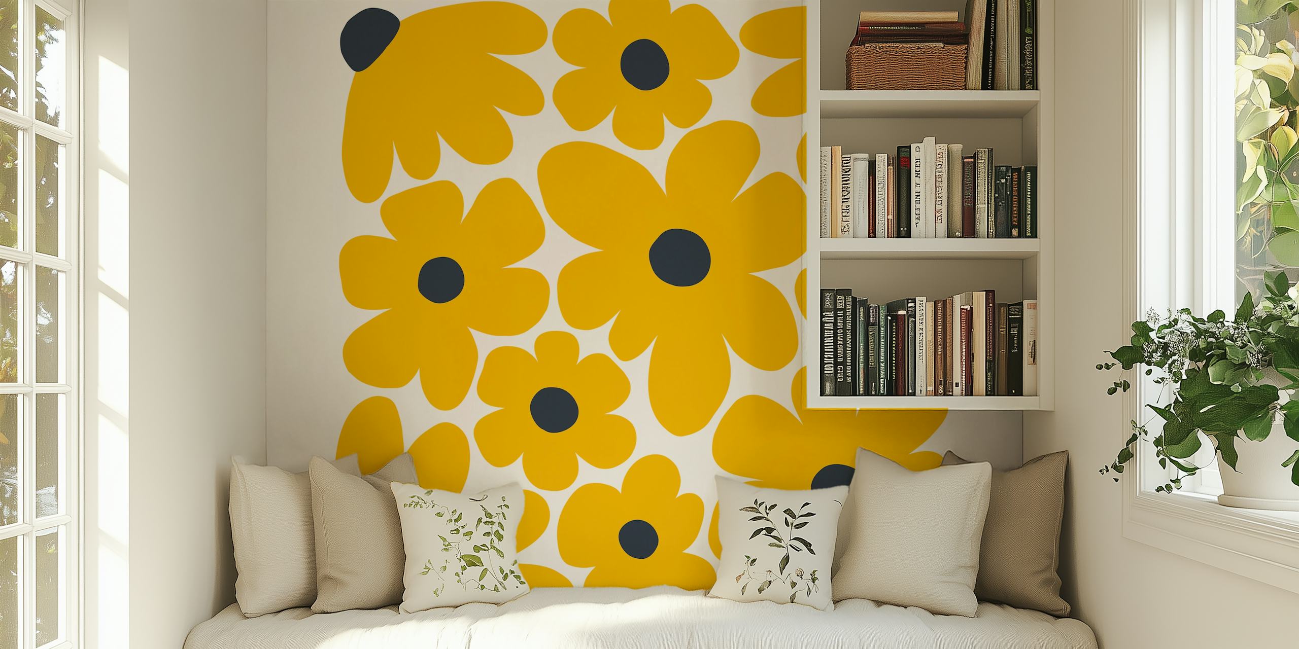 Yellow flowers with black accents on a light background wallpaper